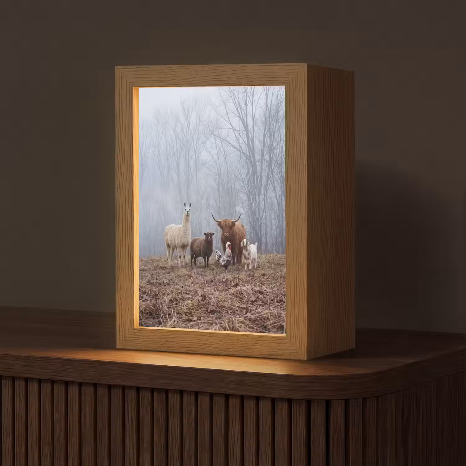 Boerderijdieren - Groep - Mist - Natuur - Rustiek Light Box met kabel (Tafellamp) klein -z3d_website