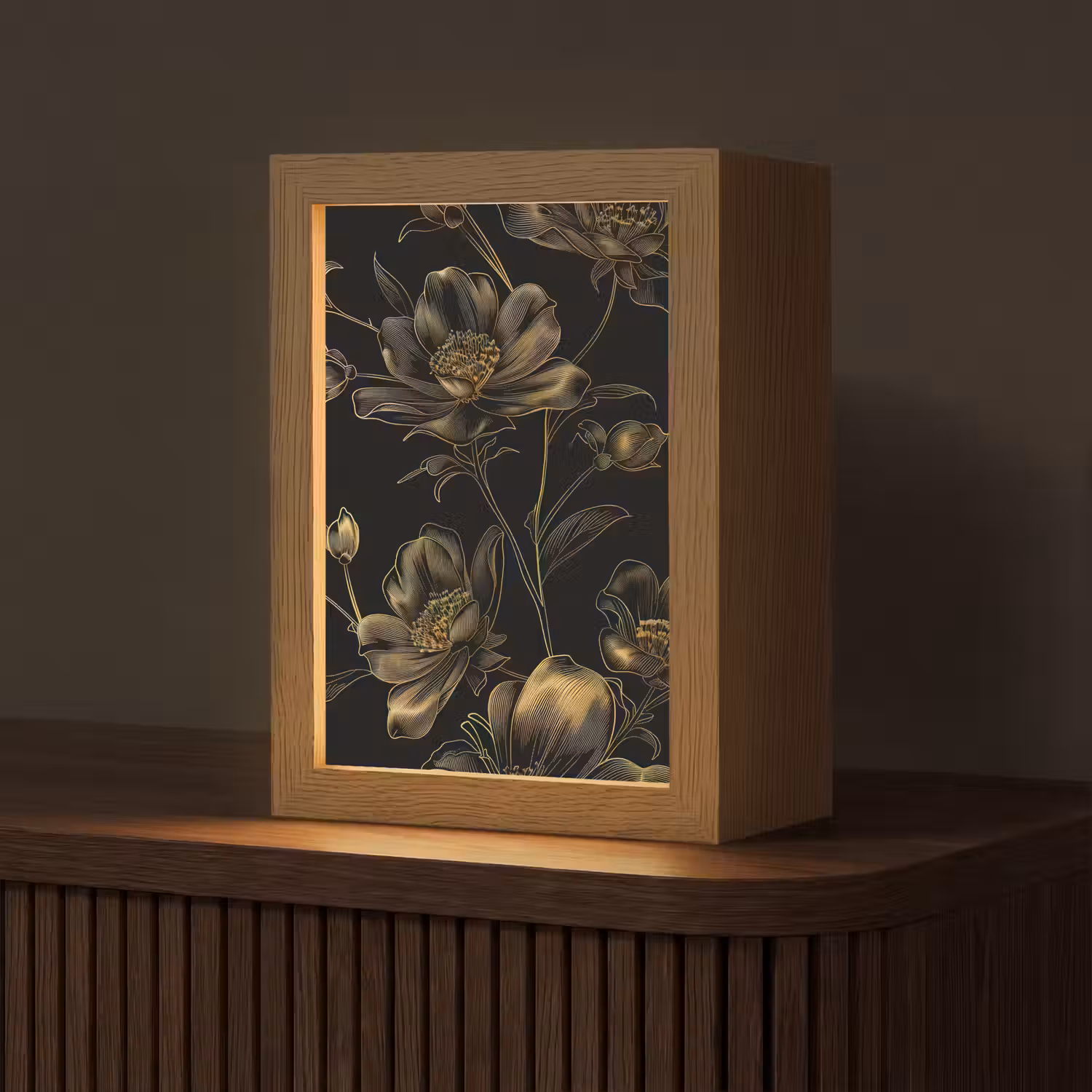 Bloemen - Zwart - Goud - Line art Light Box met kabel (Tafellamp) klein -z3d_website