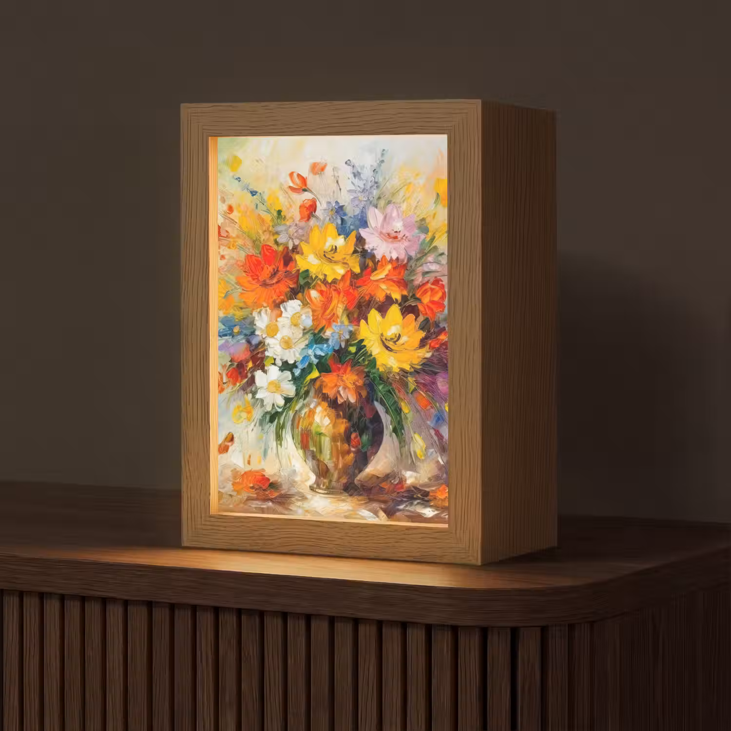 Bloemen - Kleurrijk - Olieverf - Bloempot Light Box met kabel (Tafellamp) klein -z3d_website