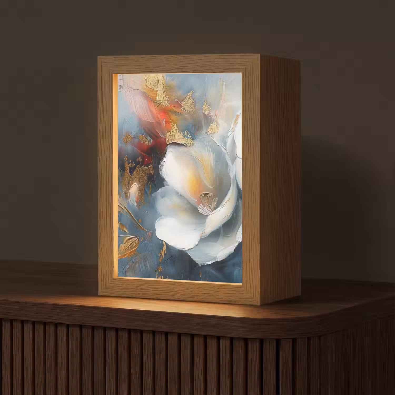 Bloemen - Wit - Goud - Kunst - Abstract Light Box met kabel (Tafellamp) klein -z3d_website