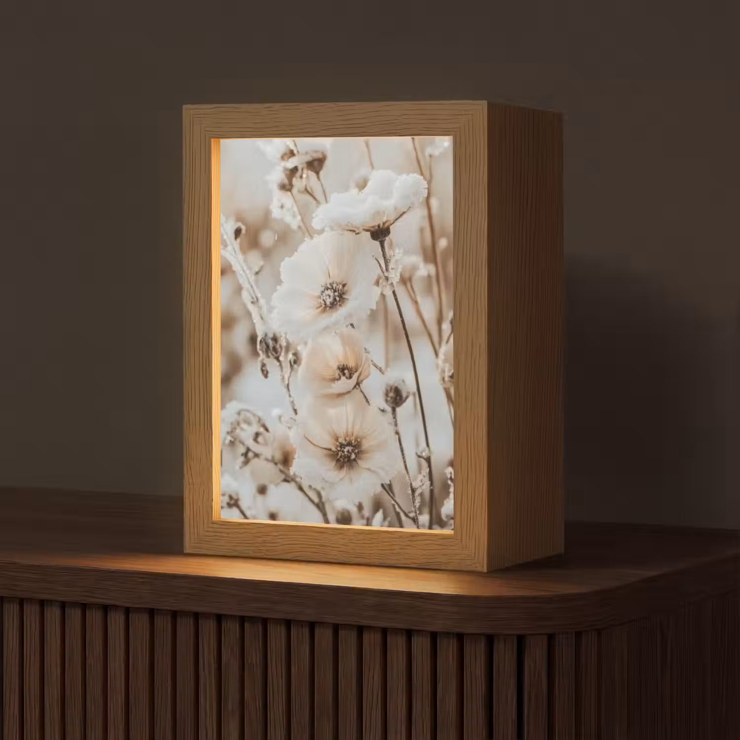 Bloemen - Winter - Wit - Sneeuw - Beige Light Box met kabel (Tafellamp) klein -z3d_website