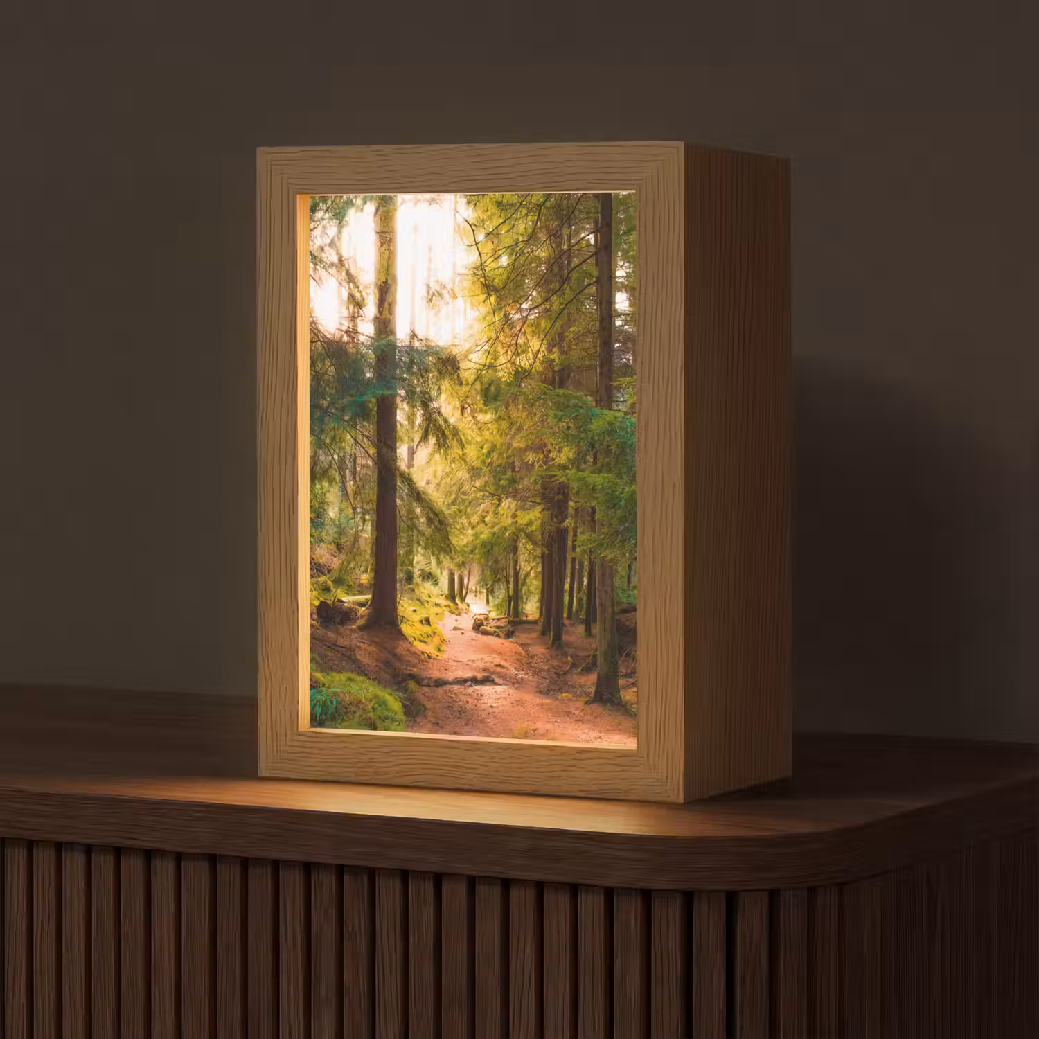 Bos - Pad - Bomen - Groen - Zon - Natuur Light Box met kabel (Tafellamp) klein -z3d_website