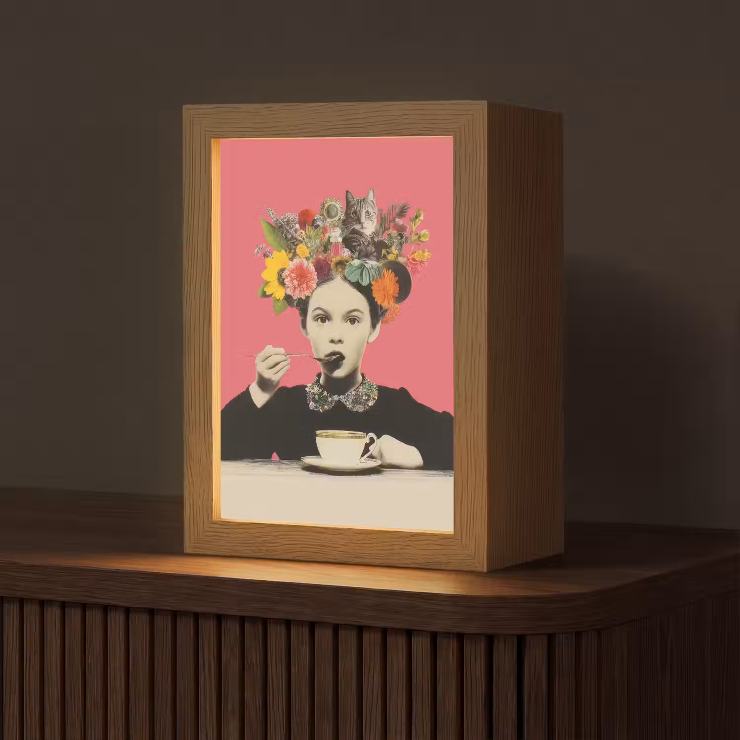 Meisje - Kopje - Bloemen - Roze Light Box met kabel (Tafellamp) klein -z3d_website