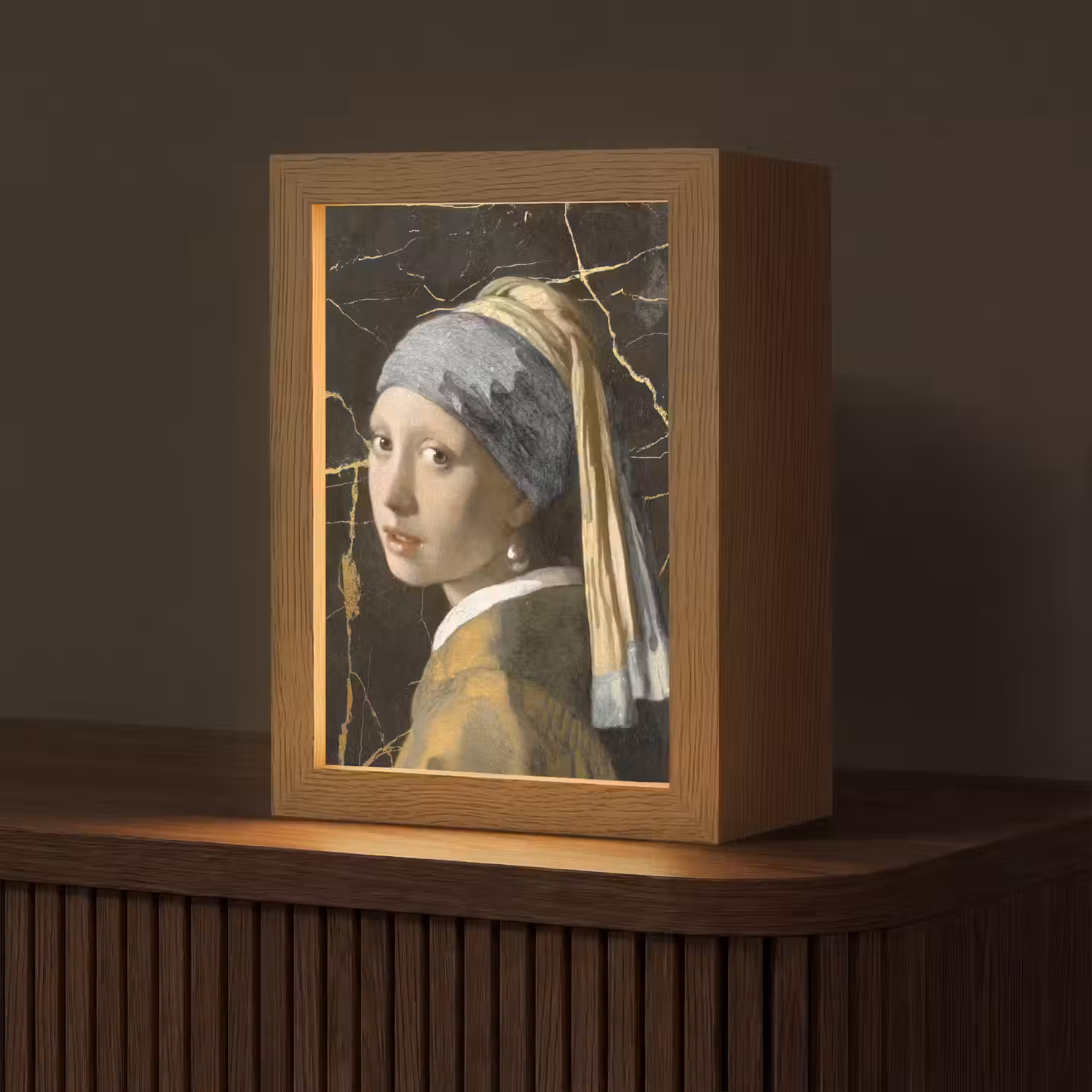 Meisje met de parel - Johannes Vermeer - Goud Light Box met kabel (Tafellamp) klein -z3d_website