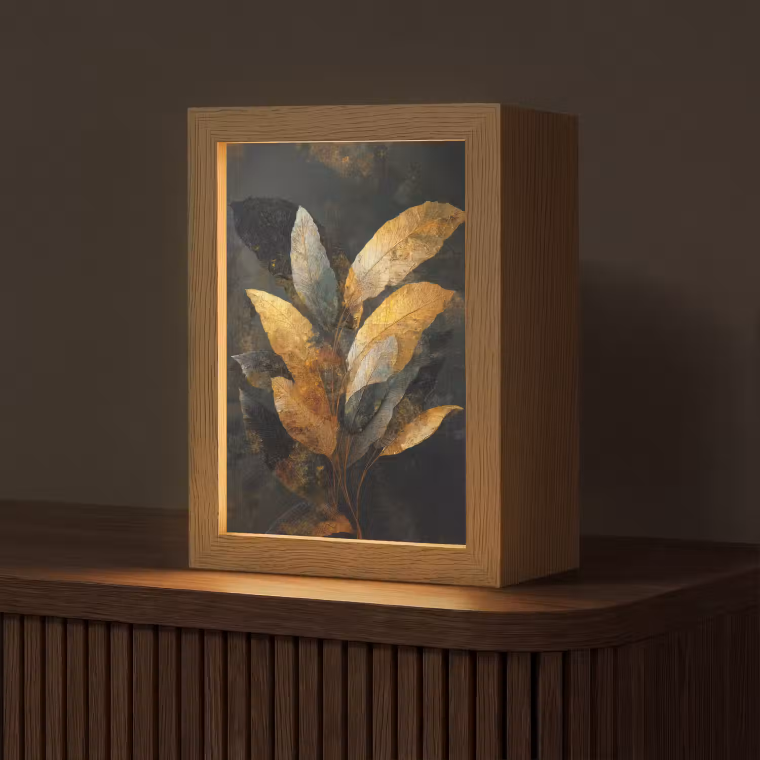 Gouden Bladcompositie – Botanische Luxe Light Box met kabel (Tafellamp) klein -z3d_website