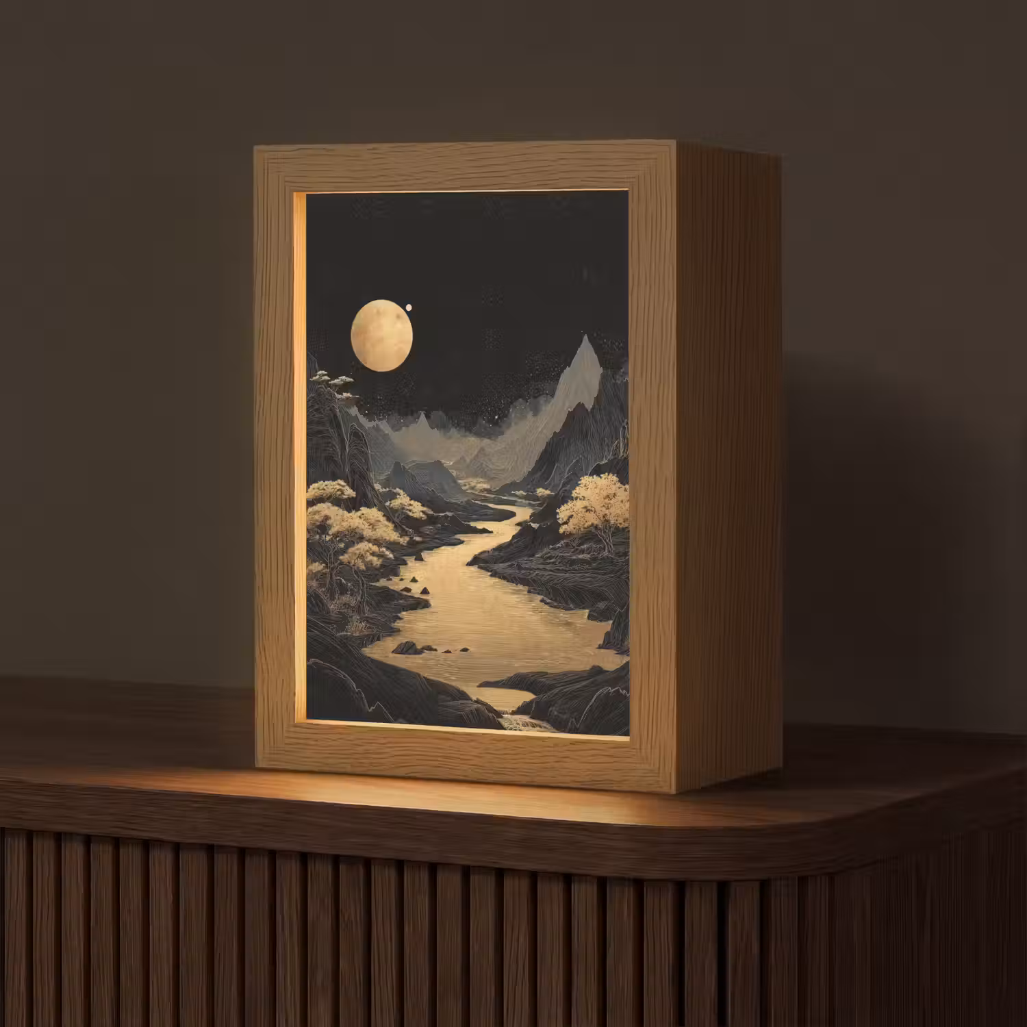 Gouden rivier - Bergen - Maan - Sterrenhemel Light Box met kabel (Tafellamp) klein -z3d_website
