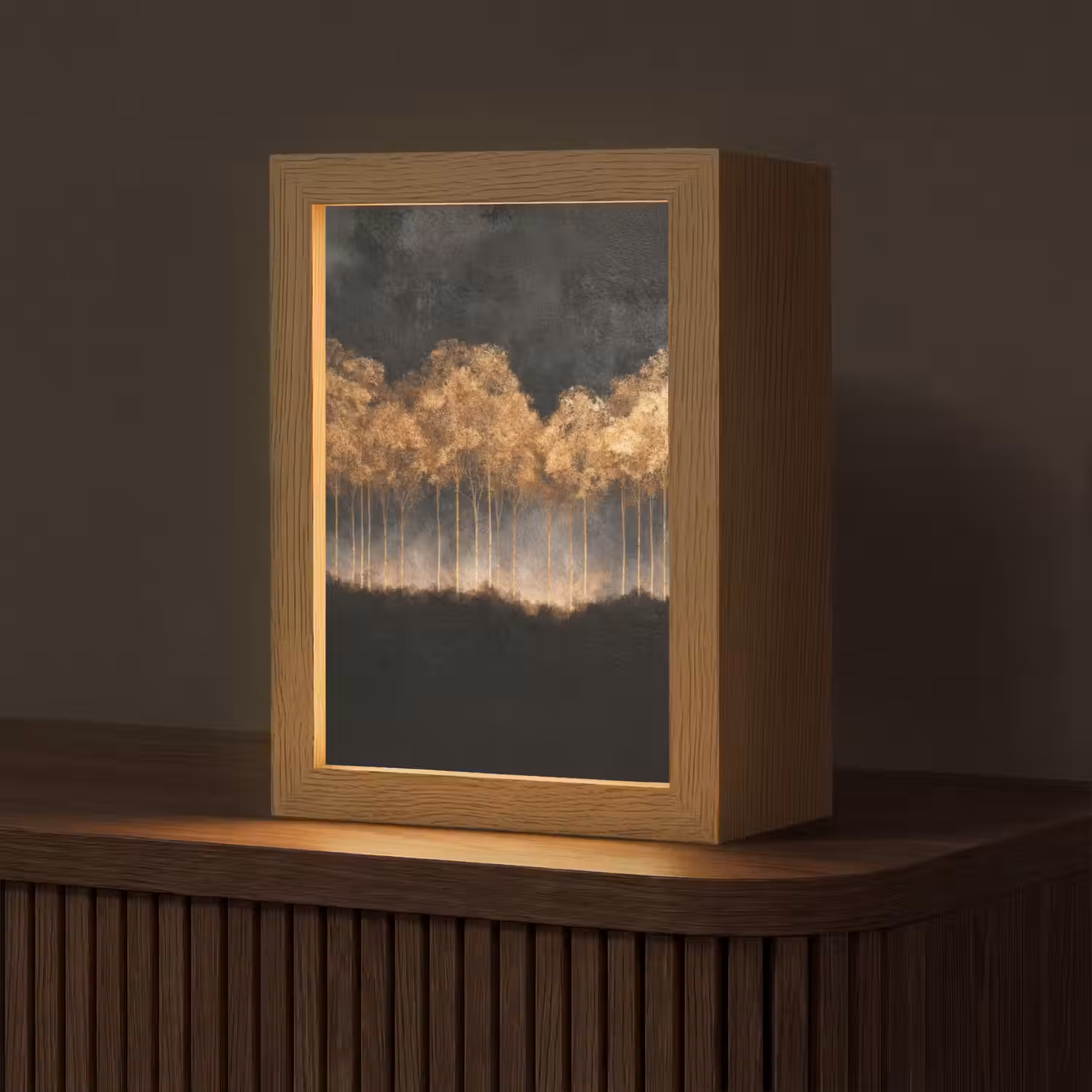 Gouden Bomen in Mistig Landschap Light Box met kabel (Tafellamp) klein -z3d_website