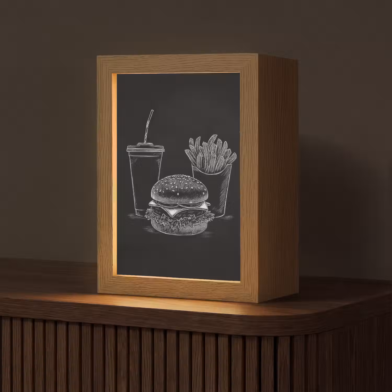 Hamburger - Friet - Frisdrank - Krijttekening Light Box met kabel (Tafellamp) klein -z3d_website