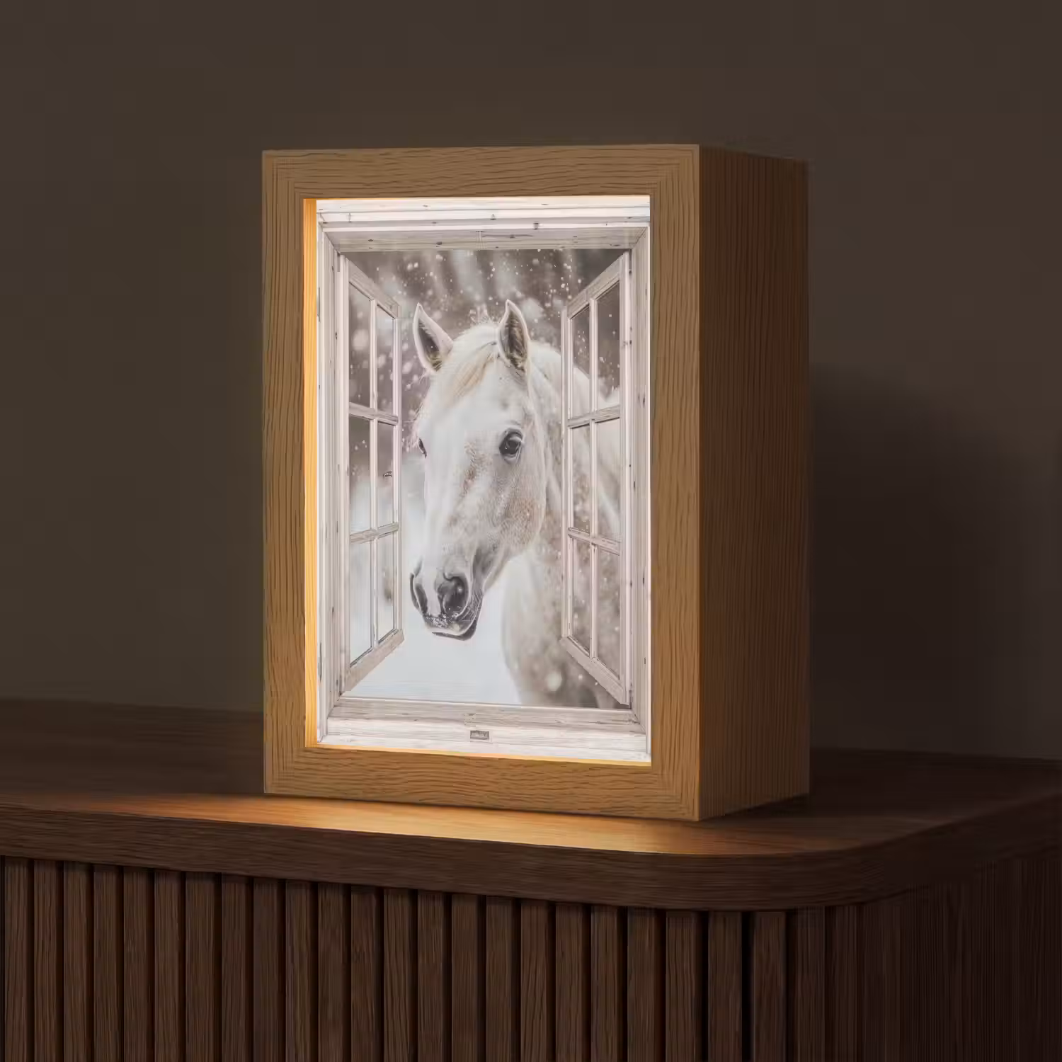 Paard - Wit - Winter - Sneeuw - Doorkijk - Dieren Light Box met kabel (Tafellamp) klein -z3d_website