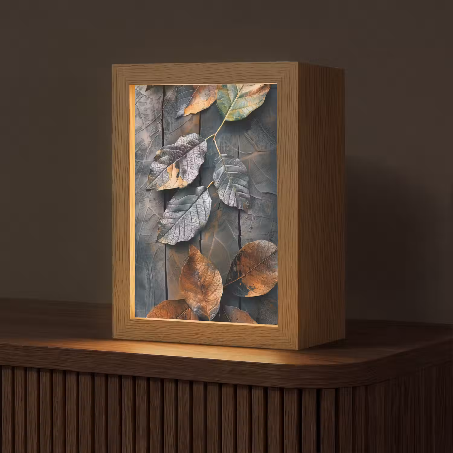 Bladeren - Herfst - Grijs - Natuur Light Box met kabel (Tafellamp) klein -z3d_website