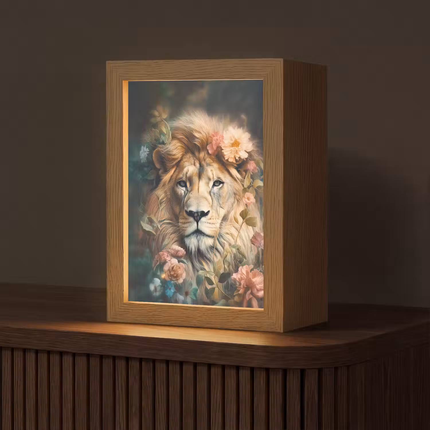 Leeuw - Leeuwenkop - Wilde dieren - Bloemen Light Box met kabel (Tafellamp) klein -z3d_website