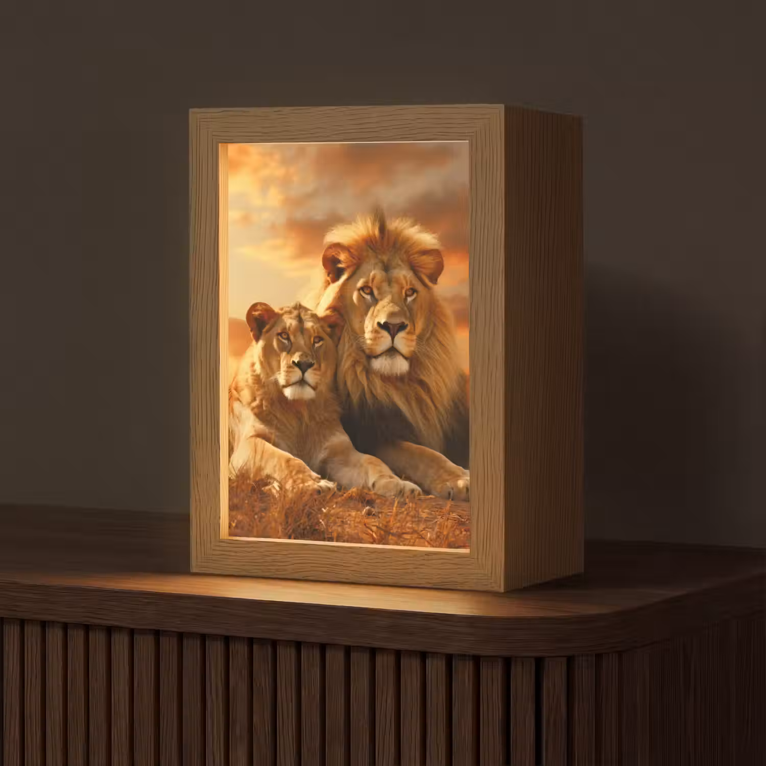 Leeuwen - Zonsondergang - Afrika - Savanne - Dieren Light Box met kabel (Tafellamp) klein -z3d_website