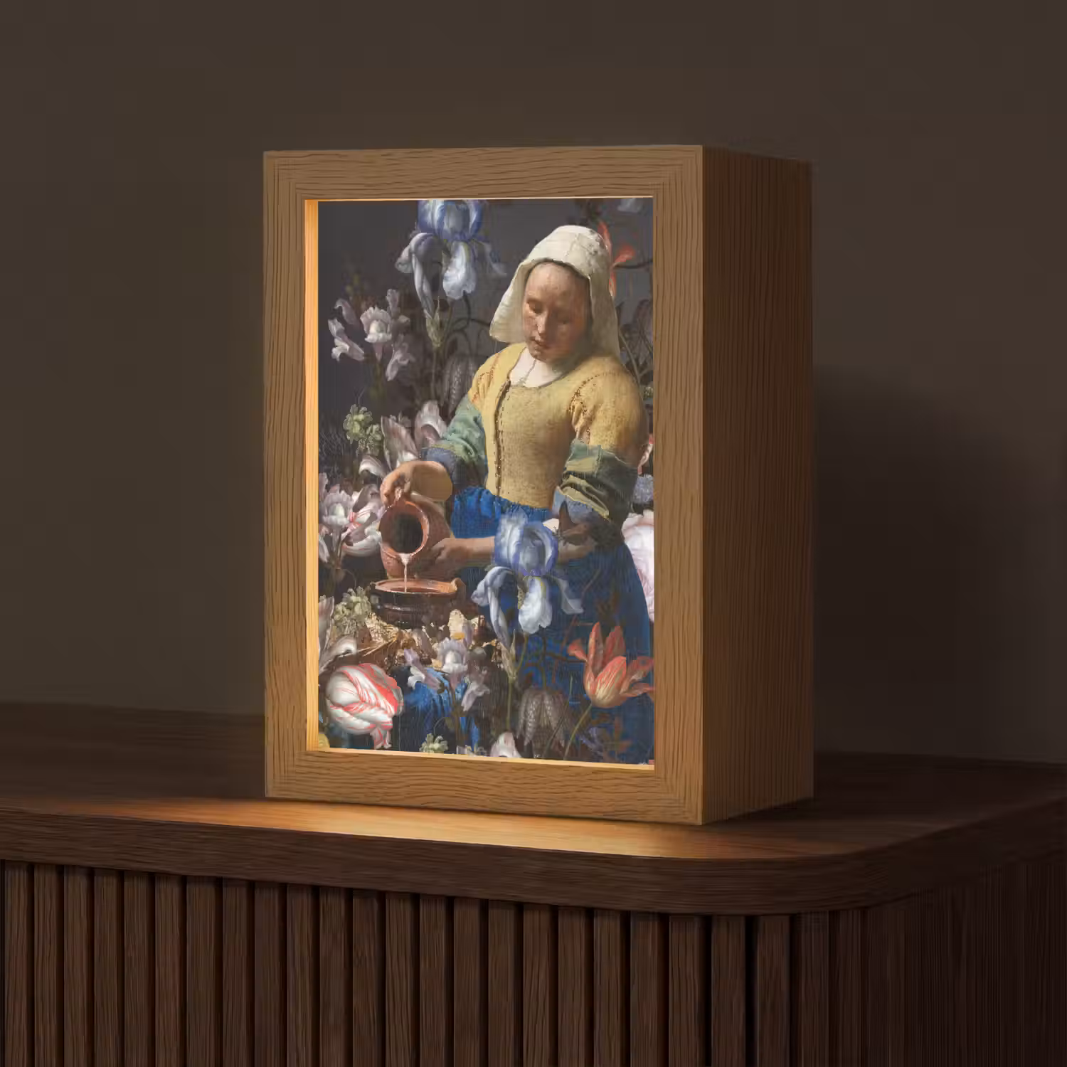 Melkmeisje - Johannes Vermeer - Bloemen Light Box met kabel (Tafellamp) klein -z3d_website