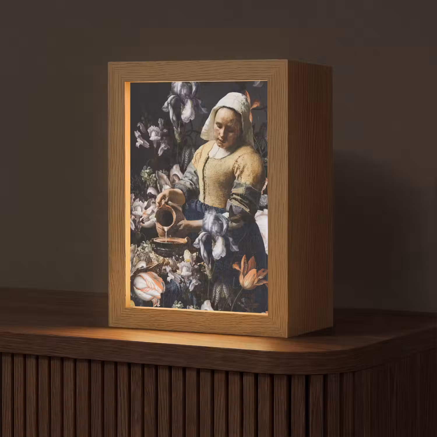 Melkmeisje - Johannes Vermeer - Bloemen - Blauw Light Box met kabel (Tafellamp) klein -z3d_website