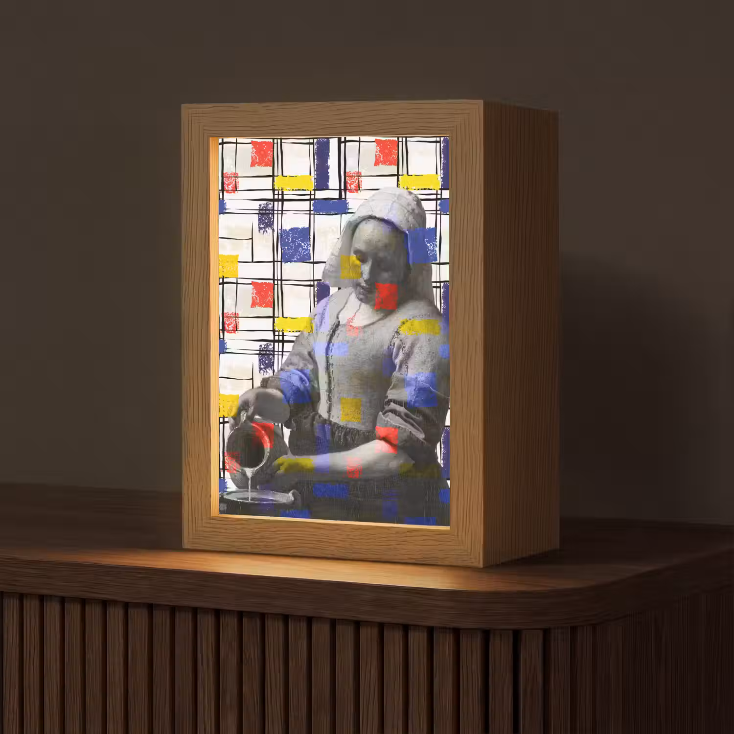 Melkmeisje - Mondriaan - Collage Light Box met kabel (Tafellamp) klein -z3d_website