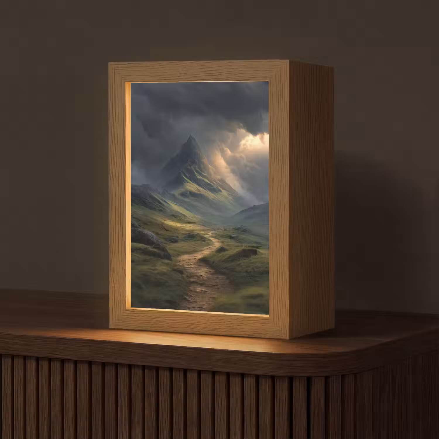 Bergen - Kronkelpad - Groen - Wolken Light Box met kabel (Tafellamp) klein -z3d_website