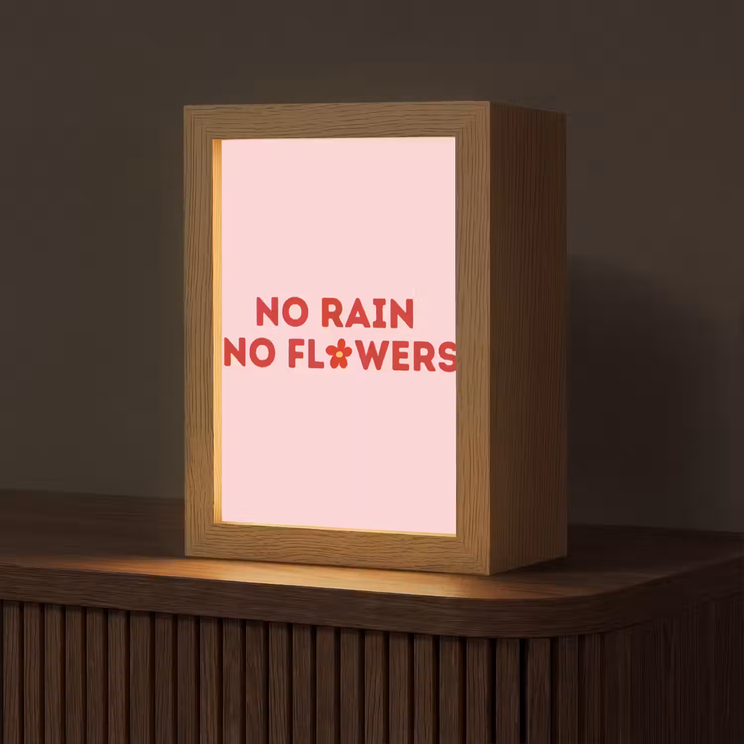 No rain no flowers - Minimalistisch - Roze - Bloem Light Box met kabel (Tafellamp) klein -z3d_website