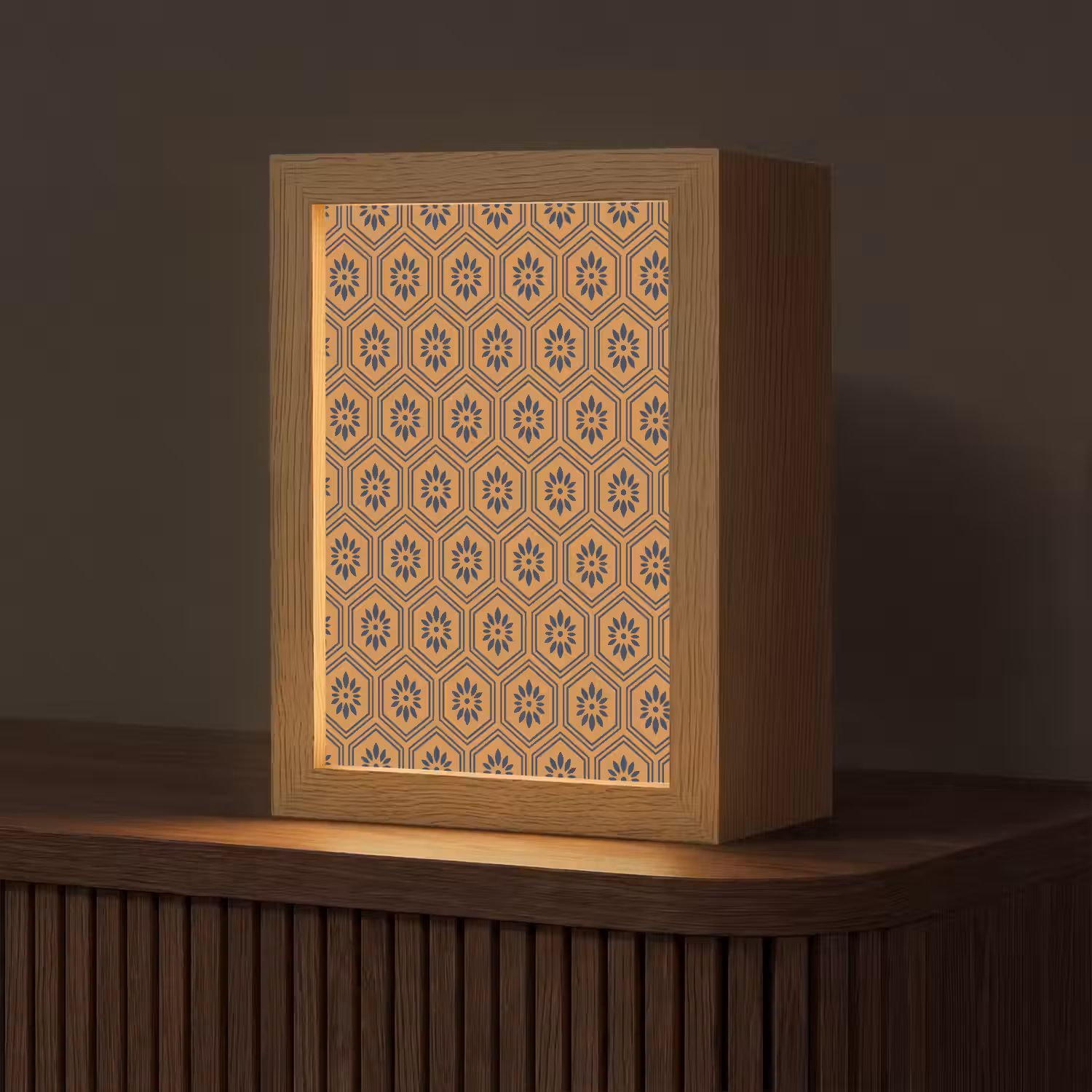 Okergeel - Patroon - Bloem - Donkerblauw Light Box met kabel (Tafellamp) klein 925 -z3d_website