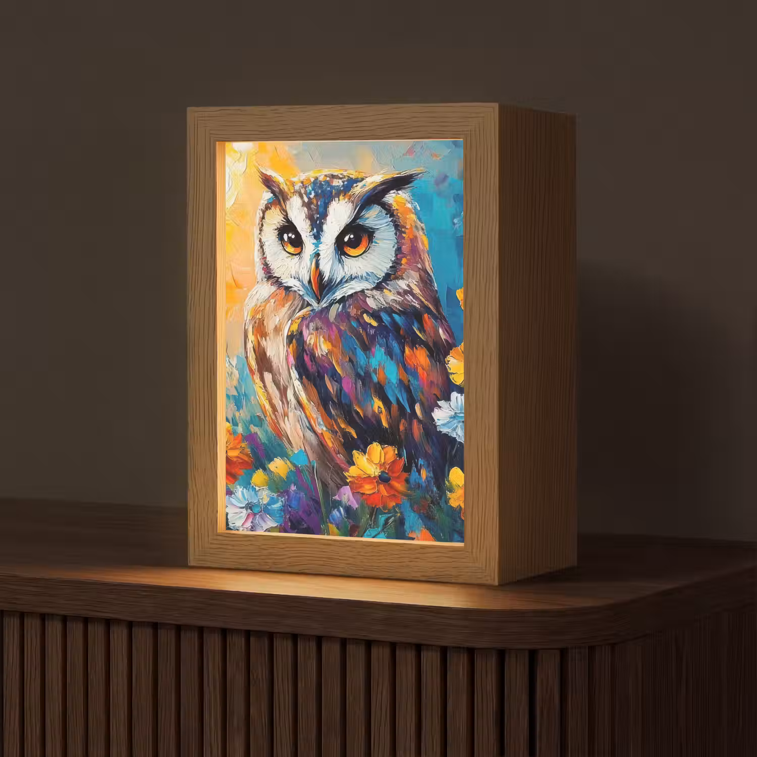 Uil - Bloemen - Kunst - Zonsondergang Light Box met kabel (Tafellamp) klein -z3d_website