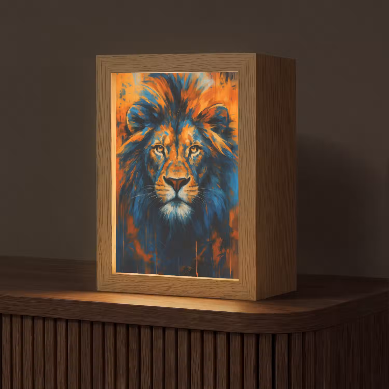 Schilderij - Leeuwenkop - Oranje Light Box met kabel (Tafellamp) klein -z3d_website