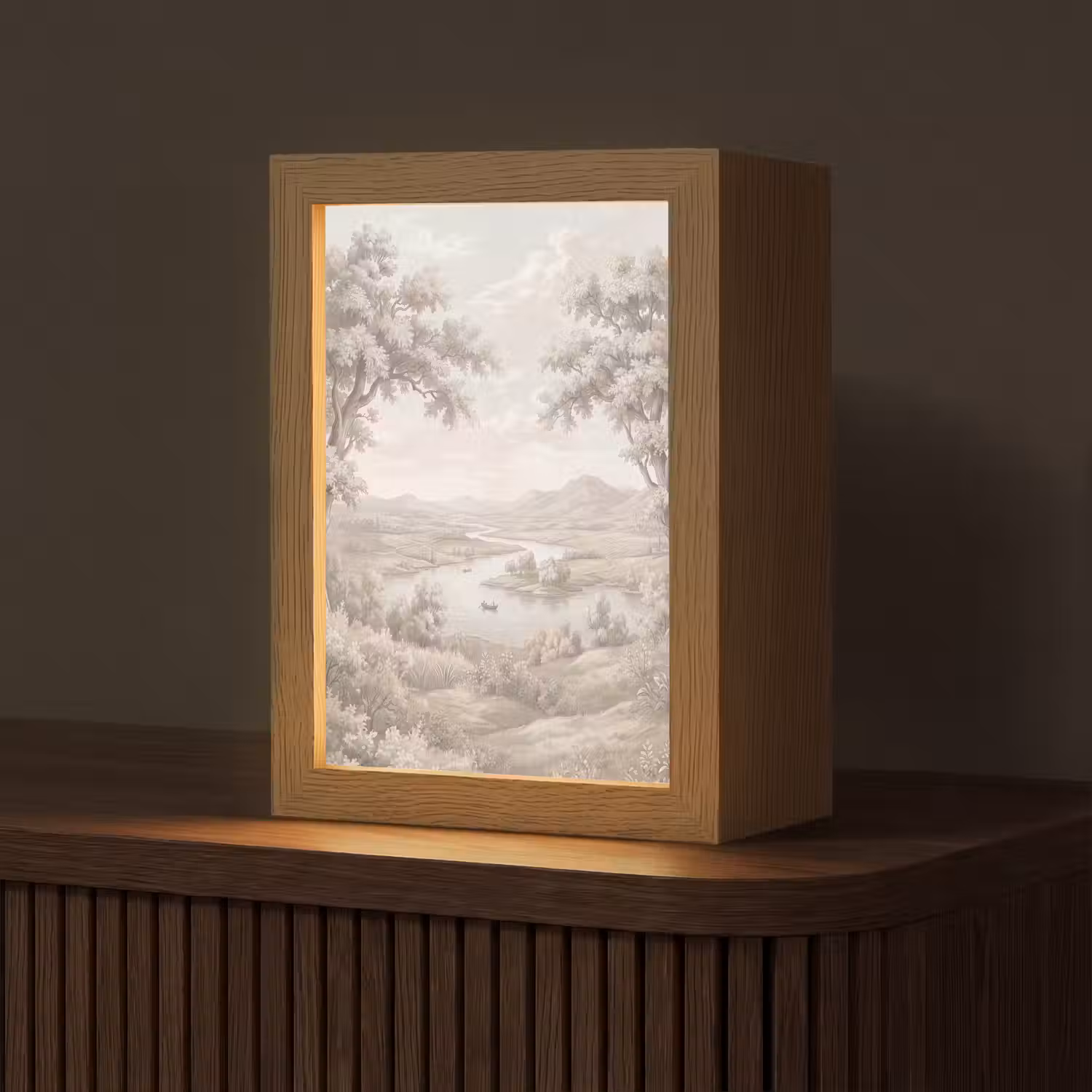 Rivierlandschap - Bergen - Natuur - Vintage - Beige Light Box met kabel (Tafellamp) klein -z3d_website