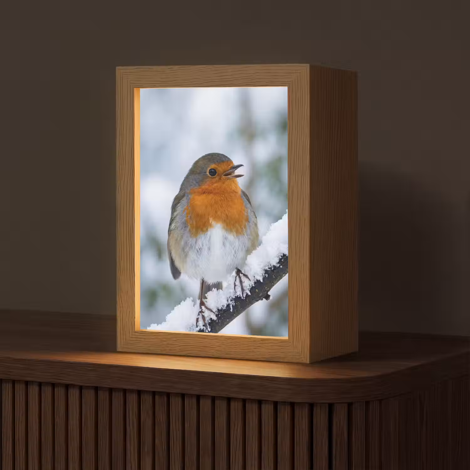 Roodborstje - Tak - Sneeuw - Winter - Levendig Light Box met kabel (Tafellamp) klein -z3d_website