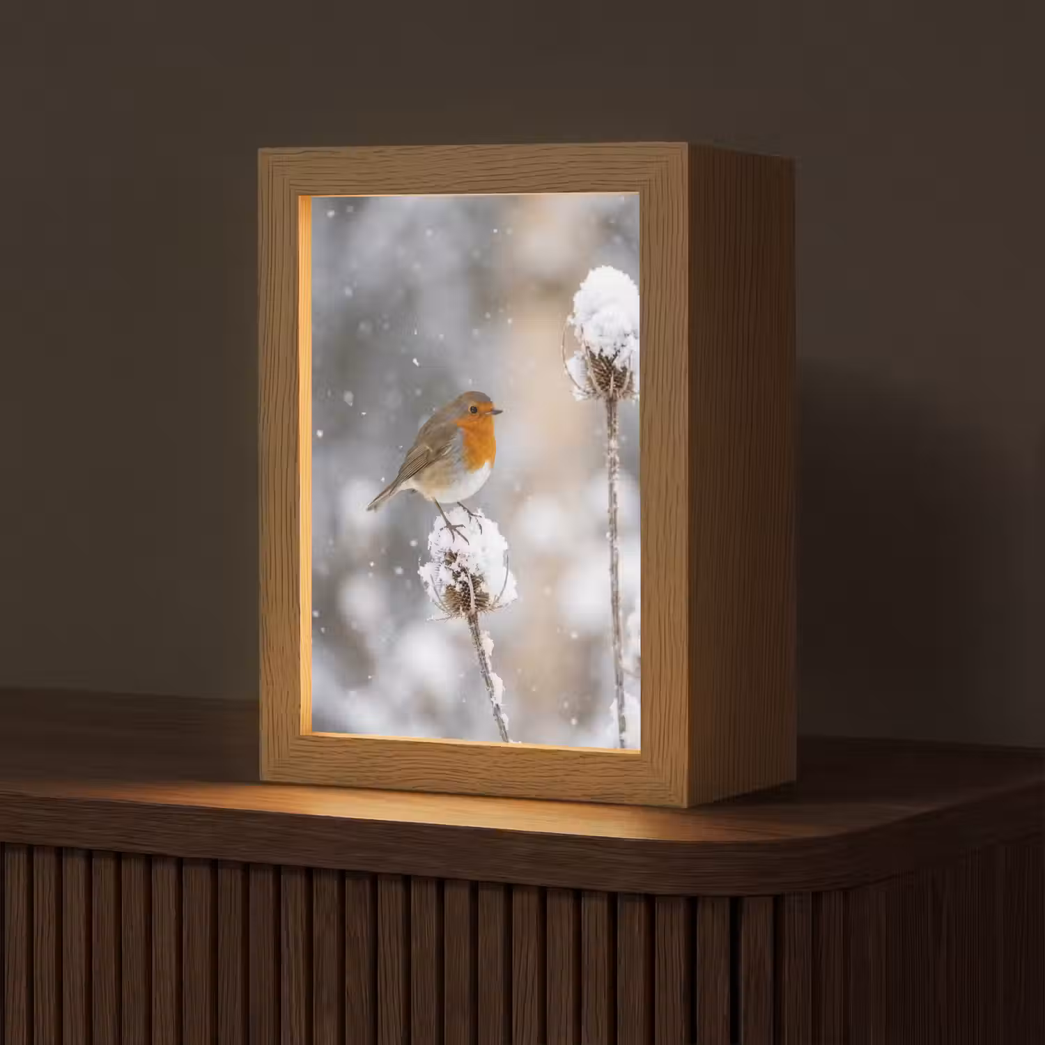 Roodborstje - Gedroogde bloem - Sneeuw - Winter - Vertederend Light Box met kabel (Tafellamp) klein -z3d_website