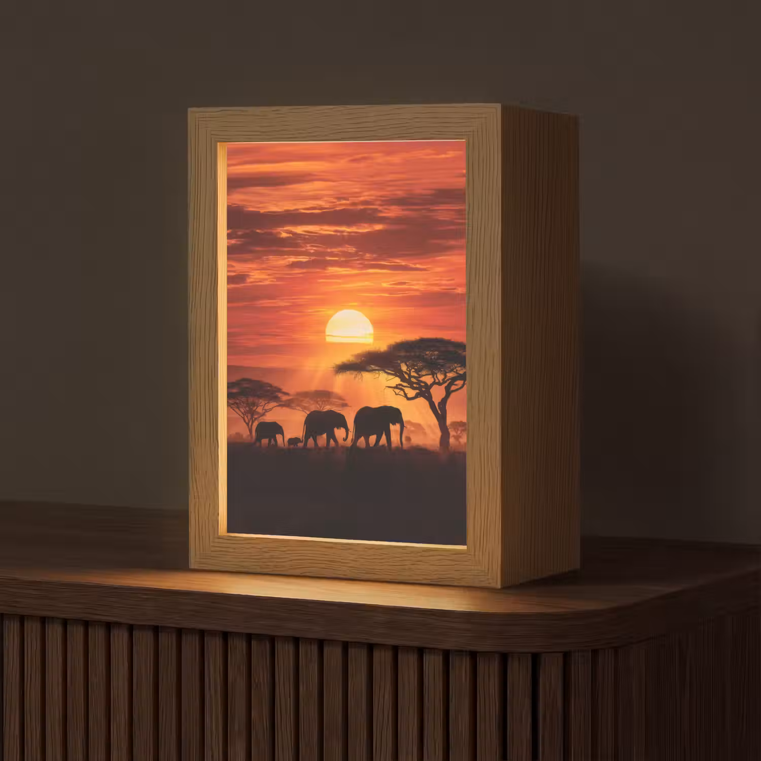 Savanne - Olifanten - Zonsondergang Light Box met kabel (Tafellamp) klein -z3d_website