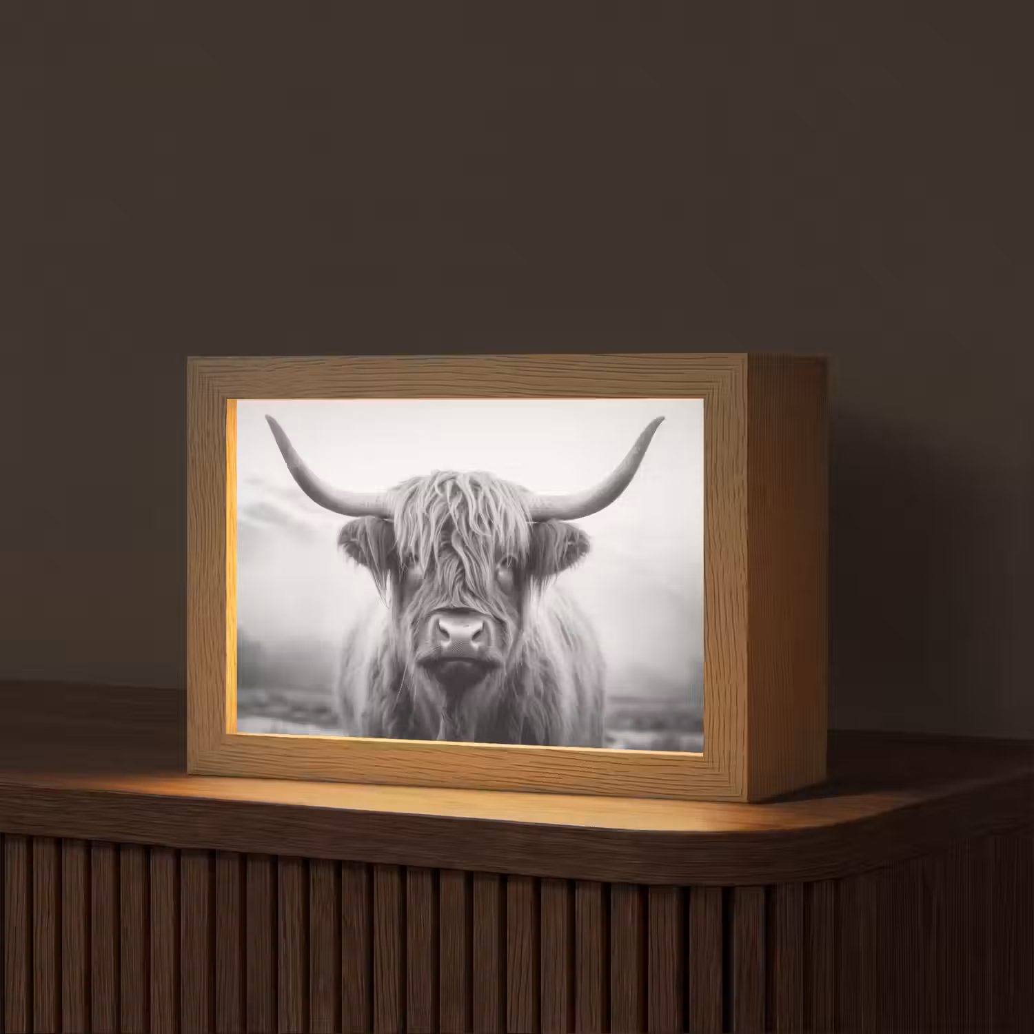 Schotse hooglander - Dieren portret - Zwart - Wit - Dier Light Box met kabel (Tafellamp) klein -z3d_website
