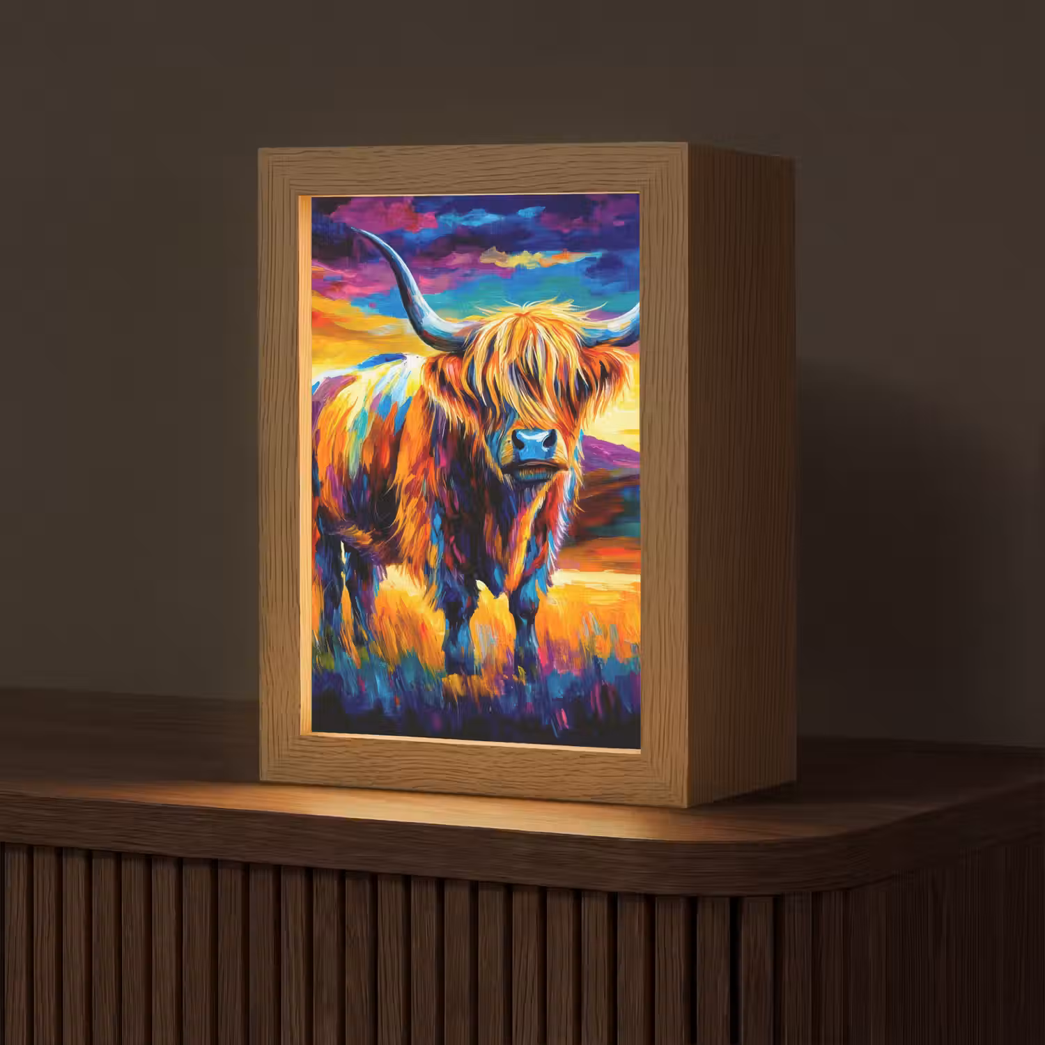 Schotse hooglander - Kunst - Koe - Dieren - Landschap Light Box met kabel (Tafellamp) klein -z3d_website