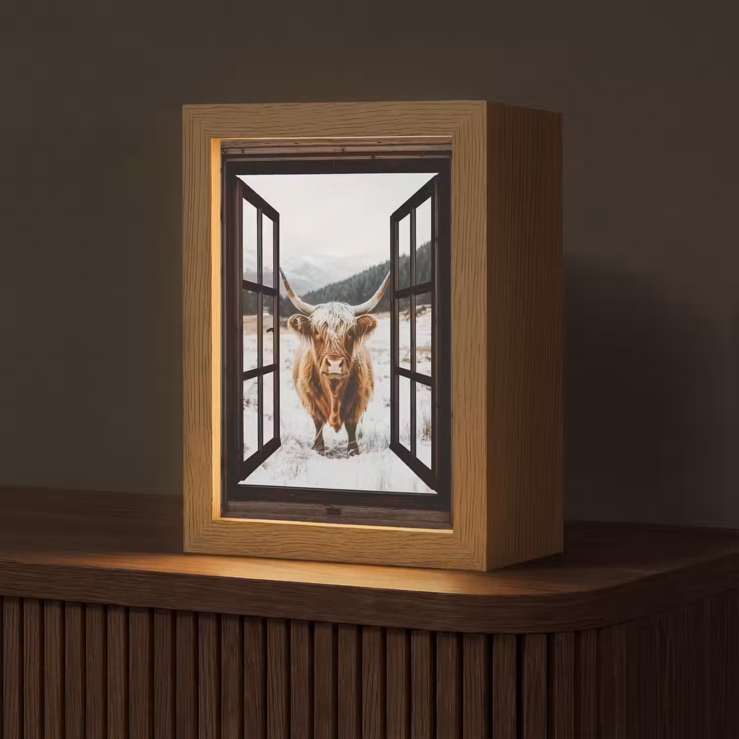 Schotse Hooglander - Landschap - Landelijk - Bergen - Winter - Doorkijk - Donker Light Box met kabel (Tafellamp) klein -z3d_website