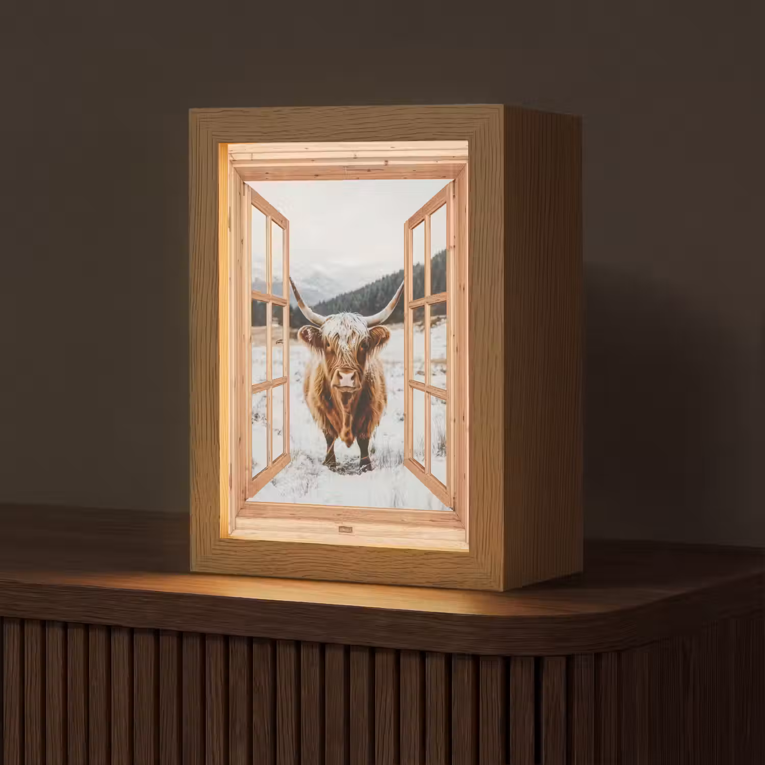 Schotse Hooglander - Landschap - Landelijk - Bergen - Winter - Doorkijk Light Box met kabel (Tafellamp) klein -z3d_website