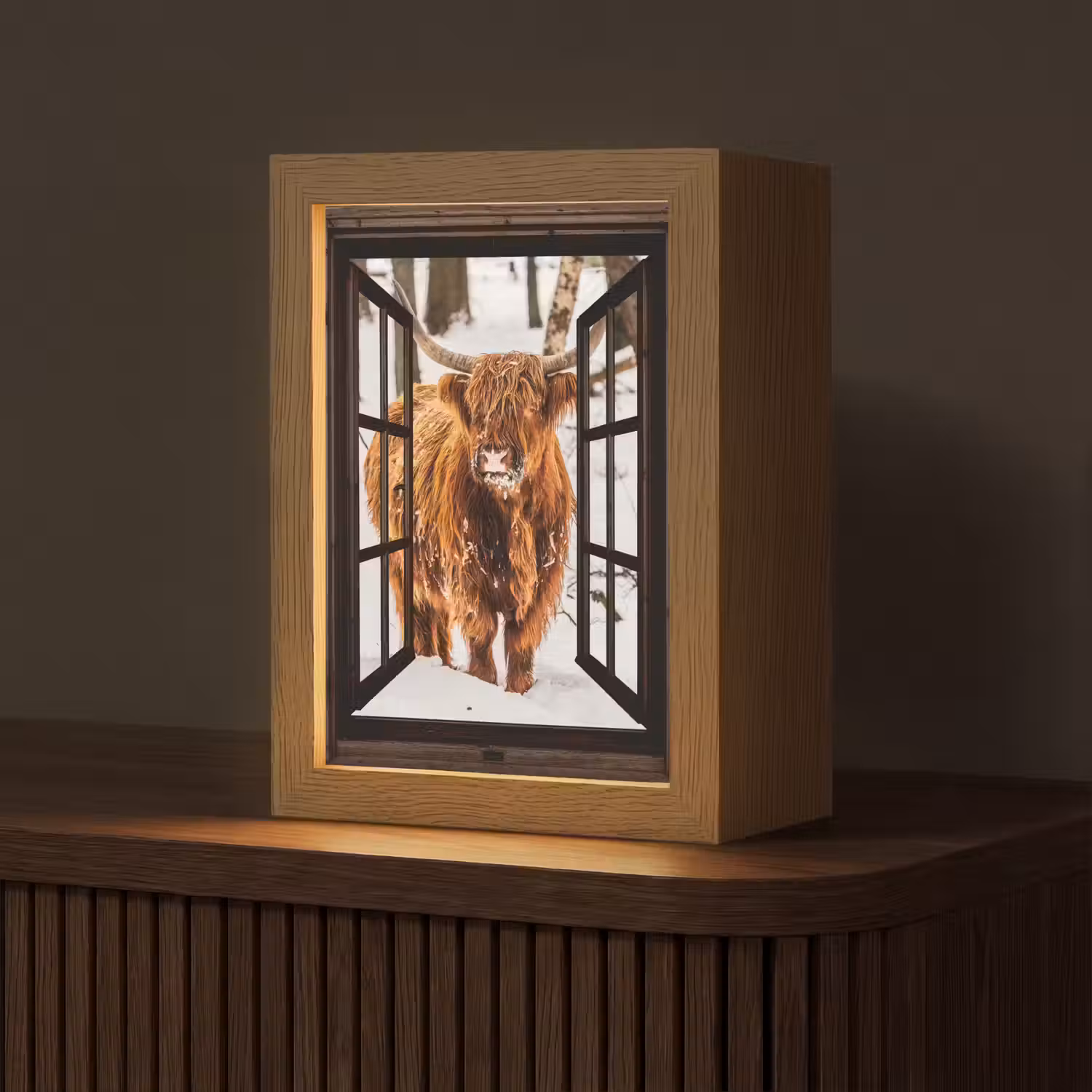 Schotse Hooglander - Sneeuw - Natuur - Dieren - Doorkijk - Winter Light Box met kabel (Tafellamp) klein -z3d_website
