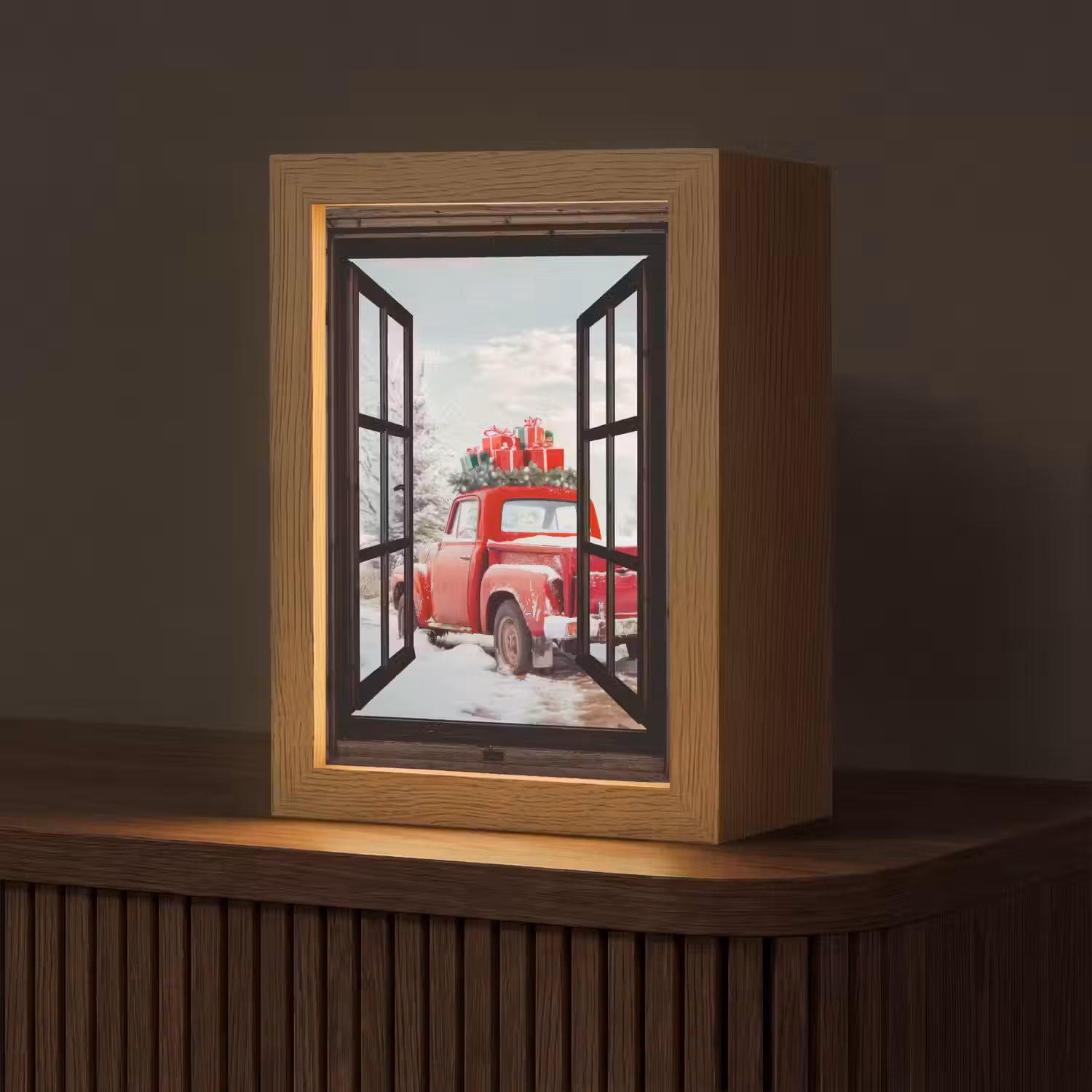Doorkijk - Auto - Rood - Cadeaus - Winterlandschap - Kerst Light Box met kabel (Tafellamp) klein -z3d_website