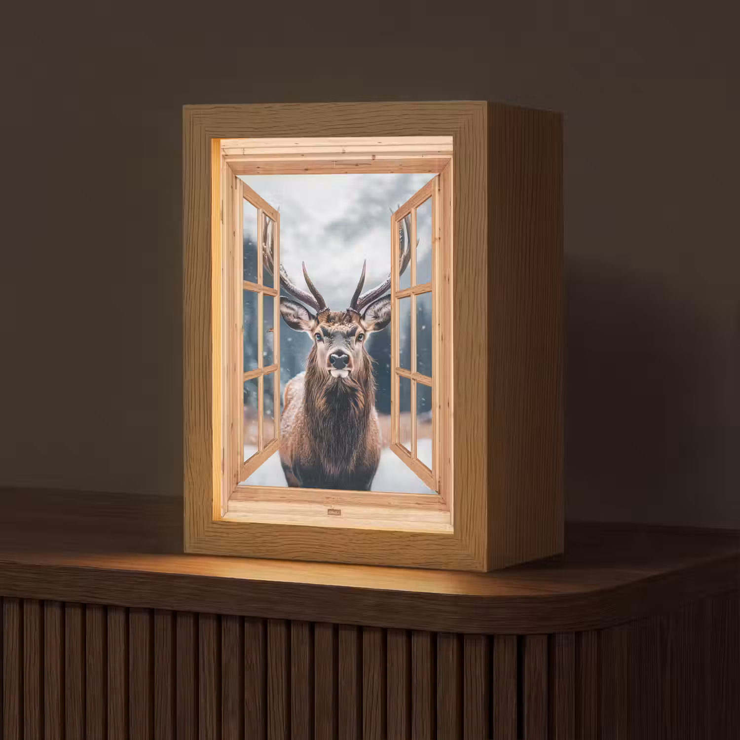 Doorkijk - Hert - Dieren - Winterlandschap - Sneeuw Light Box met kabel (Tafellamp) klein -z3d_website