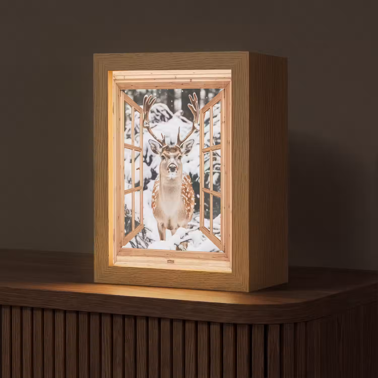 Doorkijk - Hert - Sneeuw - Winter - Bos - Dieren Light Box met kabel (Tafellamp) klein -z3d_website