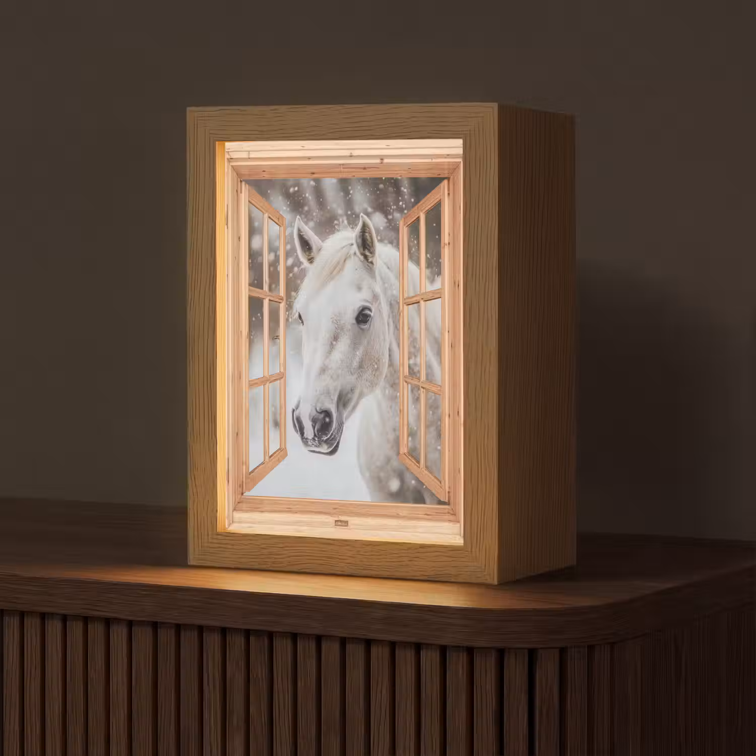 Doorkijk - Paard - Wit - Winter - Sneeuw - Dieren Light Box met kabel (Tafellamp) klein -z3d_website