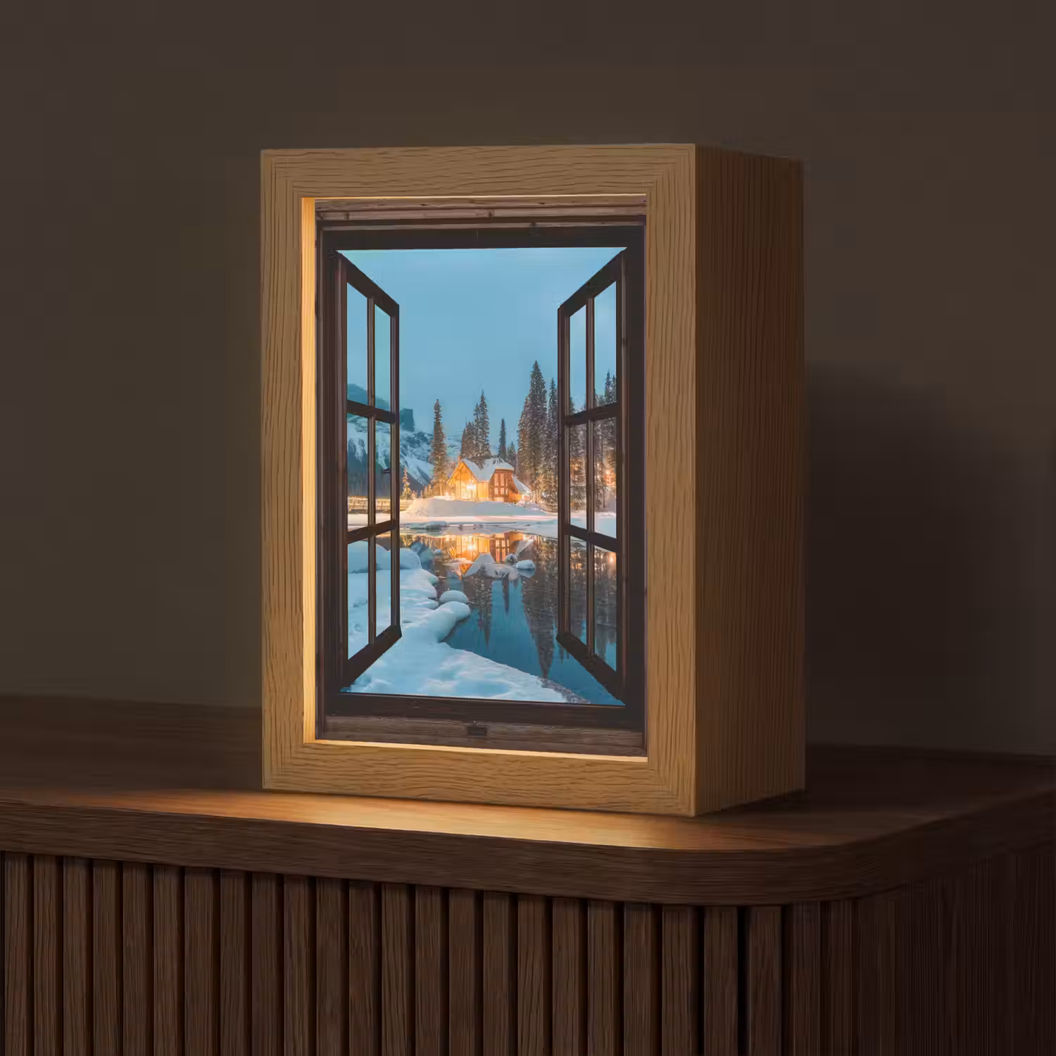 Doorkijk - Winter - Landschap - Natuur - Huis - Bergen Light Box met kabel (Tafellamp) klein -z3d_website