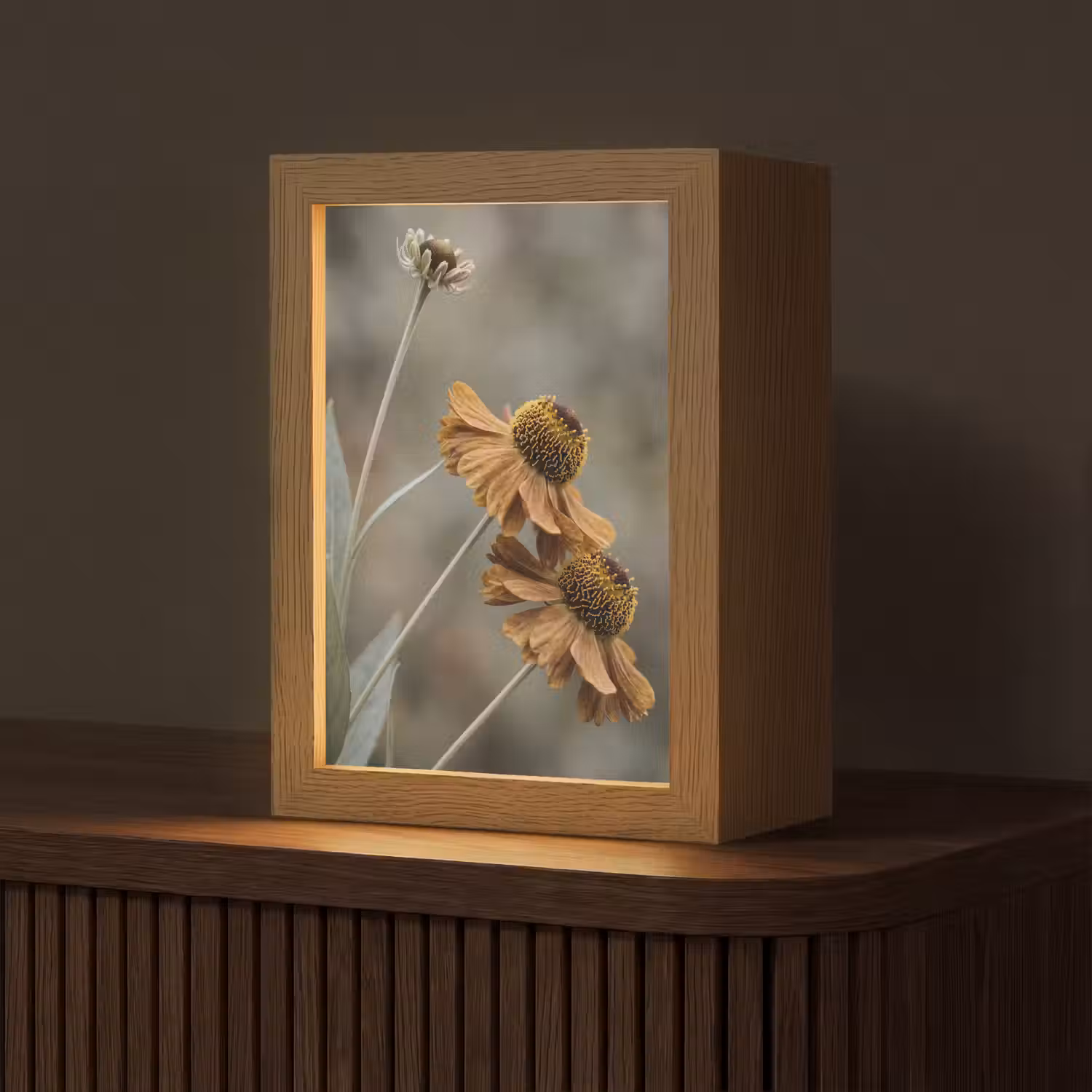 Zonnehoed - Droogbloemen - Geel - Warm Light Box met kabel (Tafellamp) klein -z3d_website