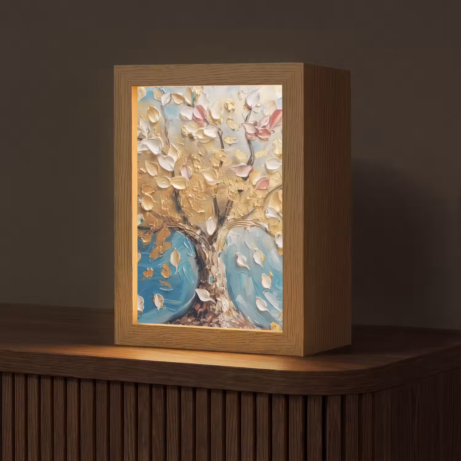 Boom - Blauw - Goud - Abstract - Modern Light Box met kabel (Tafellamp) klein -z3d_website