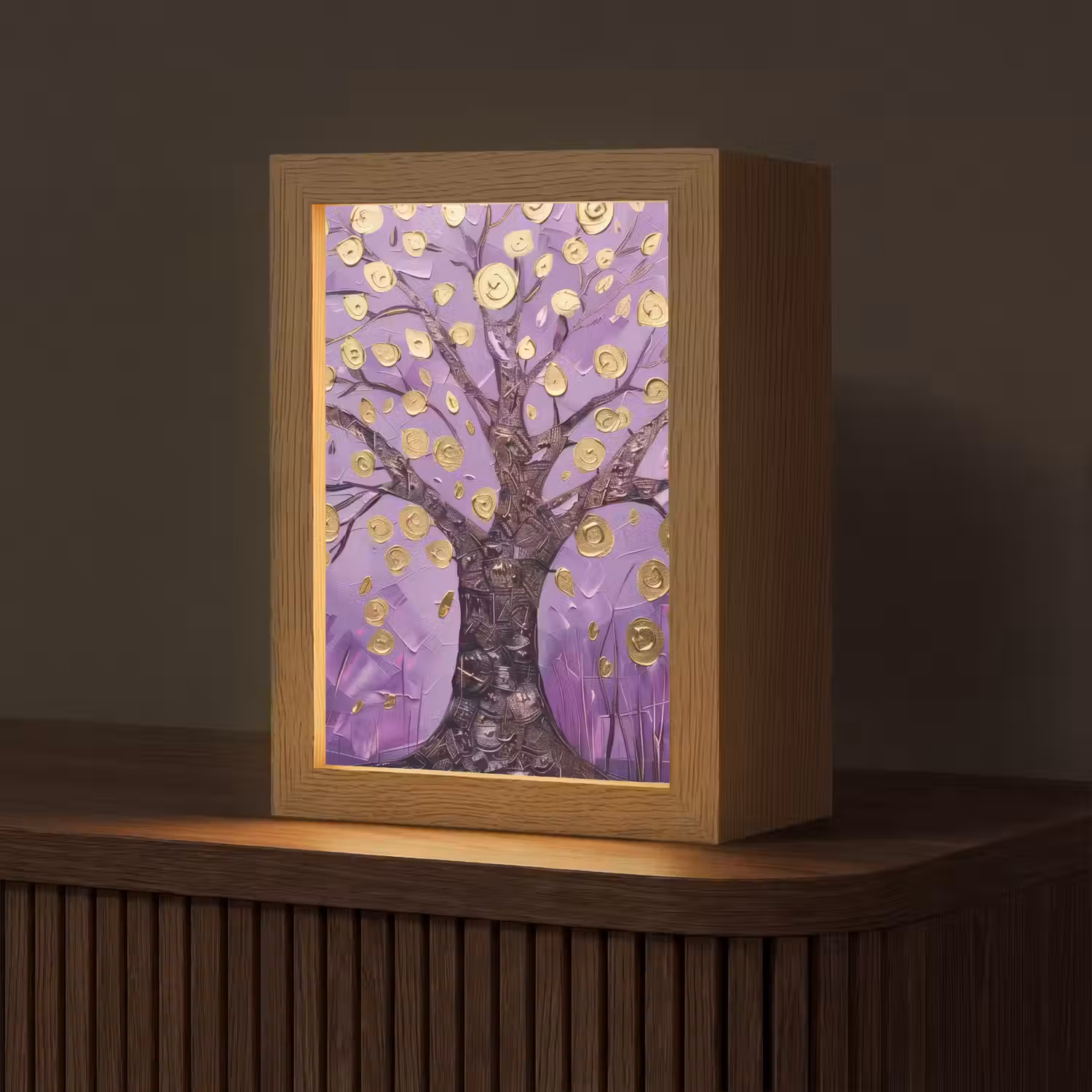 Levensboom - Boom - Paars - Goud - Modern Light Box met kabel (Tafellamp) klein -z3d_website