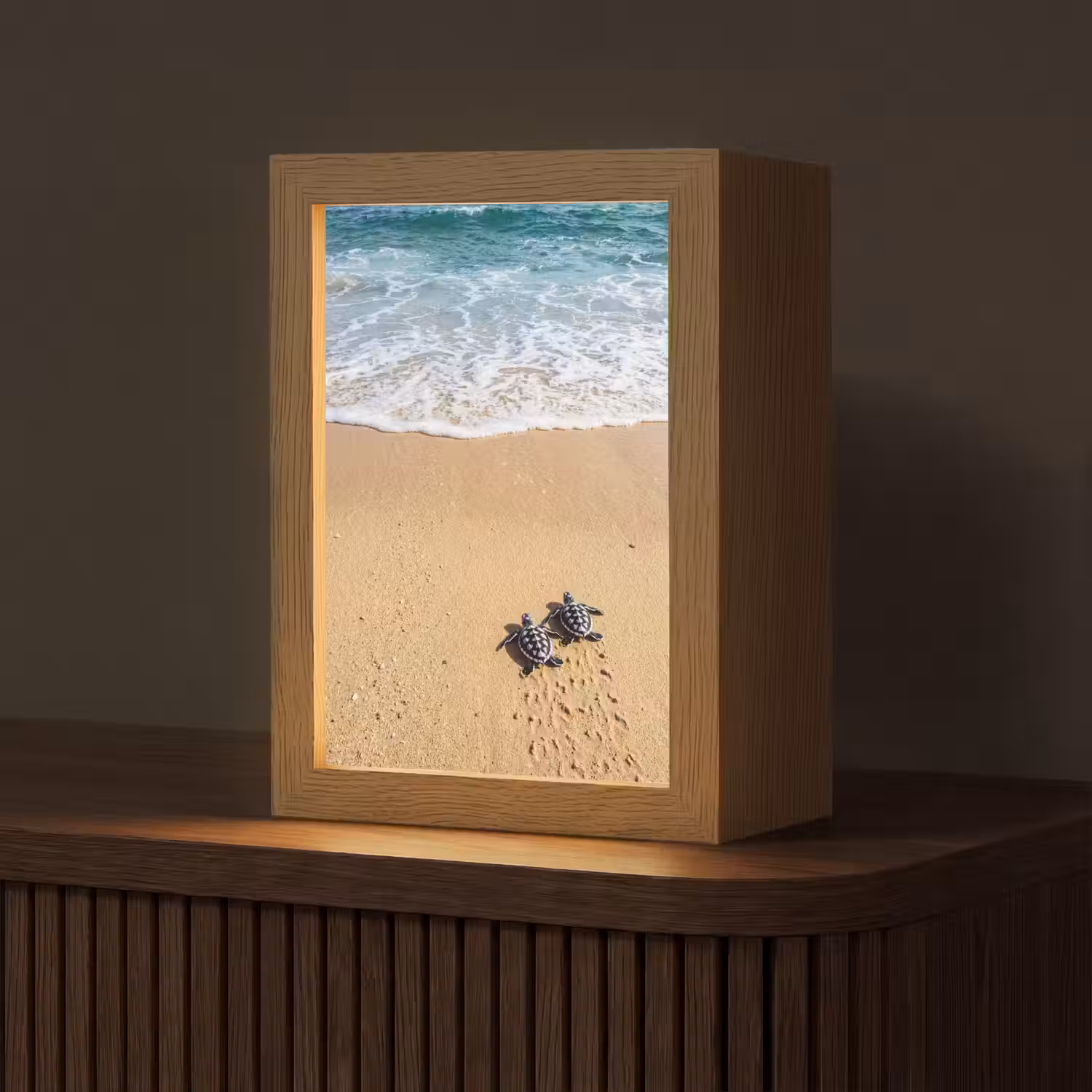 Schildpad - Jong - Strand - Oceaan - Blauw Light Box met kabel (Tafellamp) klein -z3d_website