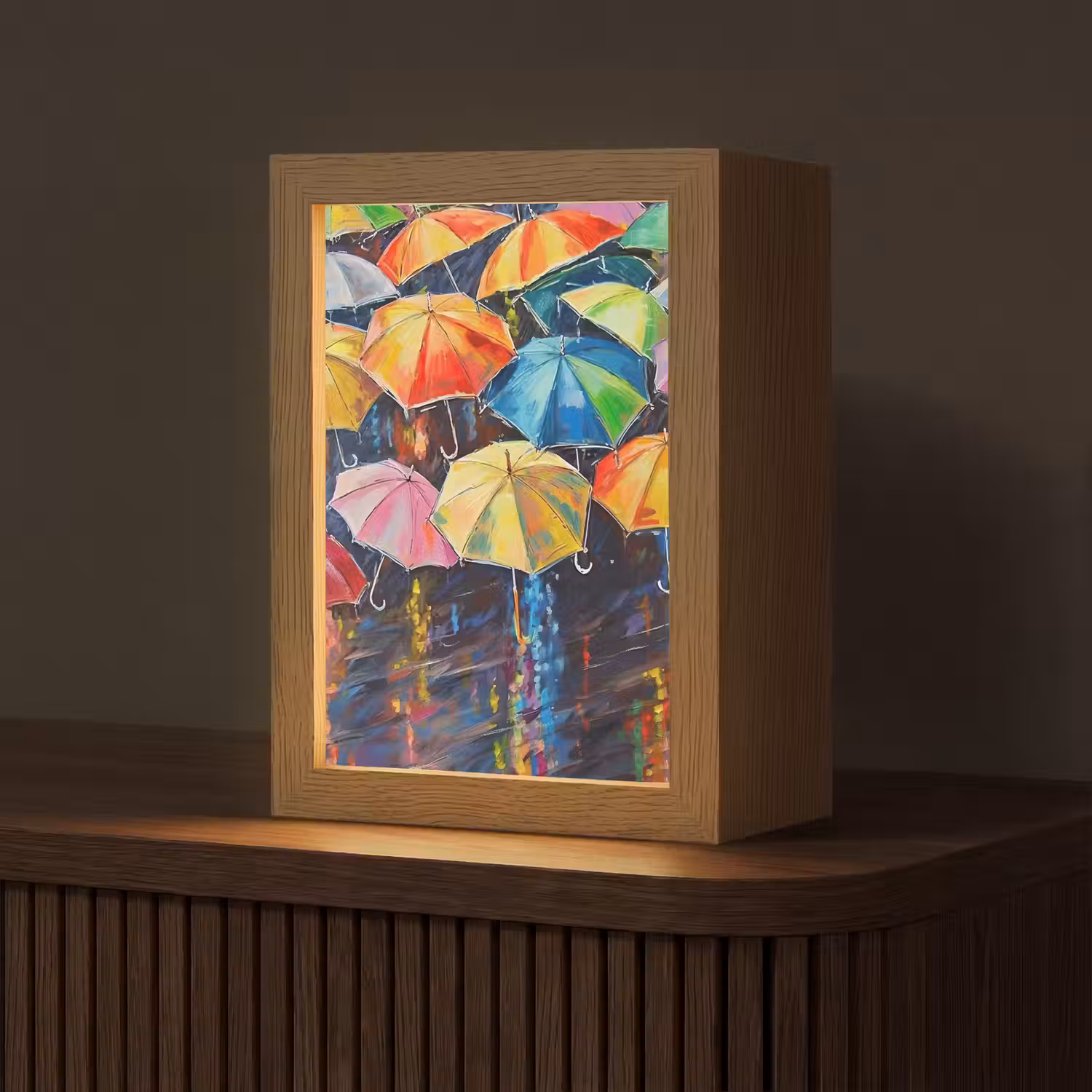 Paraplu's - Schilderij - Kunst - Regenboog Light Box met kabel (Tafellamp) klein -z3d_website