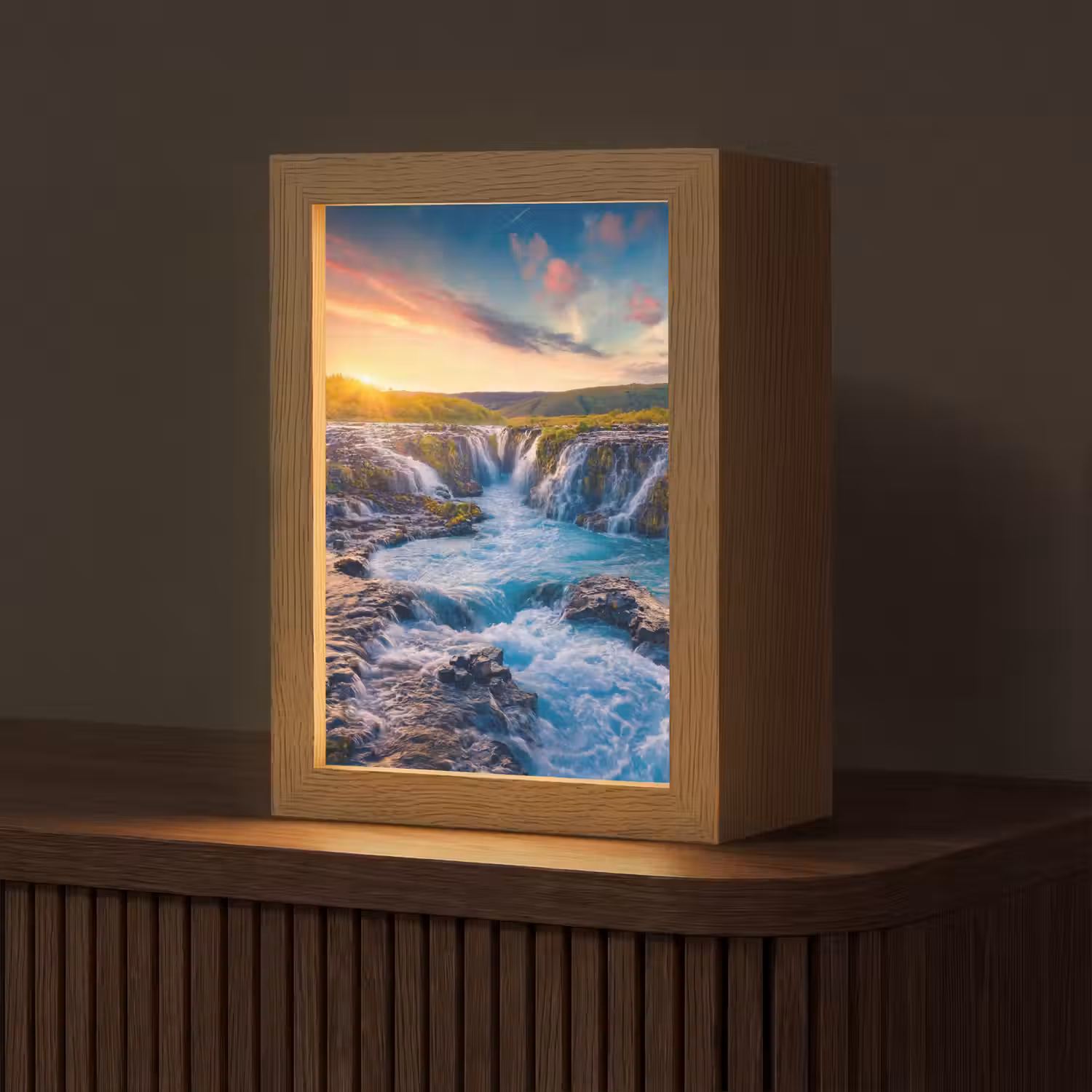 Waterval - Planten - Mos - Landschap - Zonsondergang - Rots Light Box met kabel (Tafellamp) klein -z3d_website
