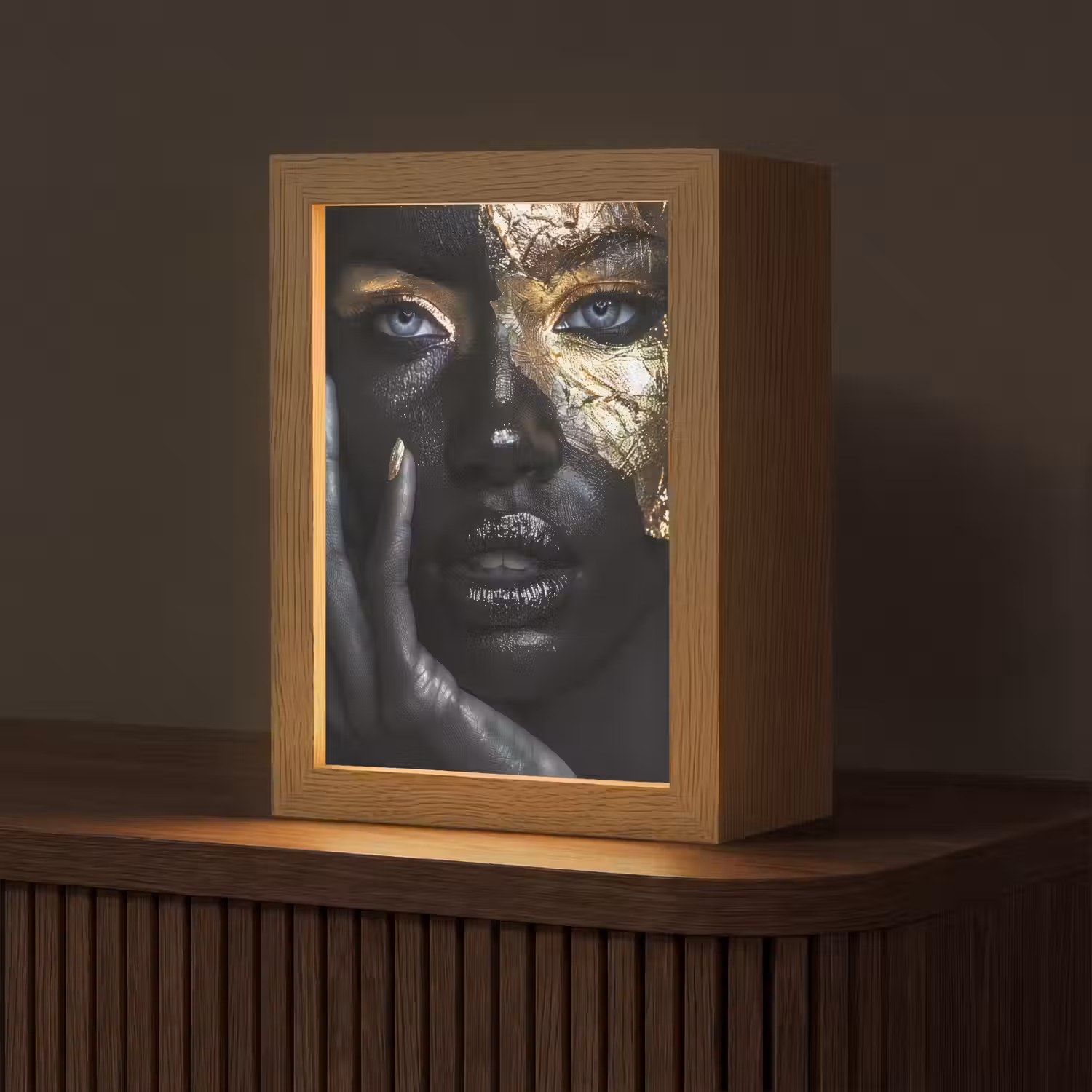 Vrouw - Goud - Portret - Modern - Zwart - Abstract Light Box met kabel (Tafellamp) klein -z3d_website