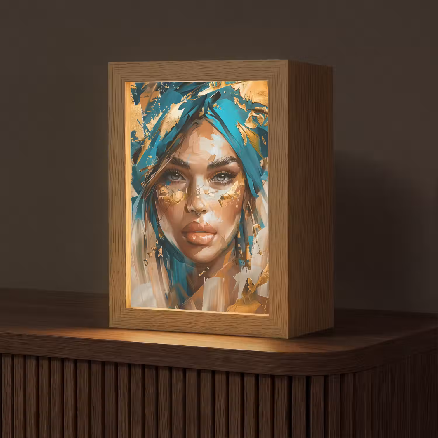 Vrouw - Portret - Goud - Luxe - Blauw Light Box met kabel (Tafellamp) klein -z3d_website