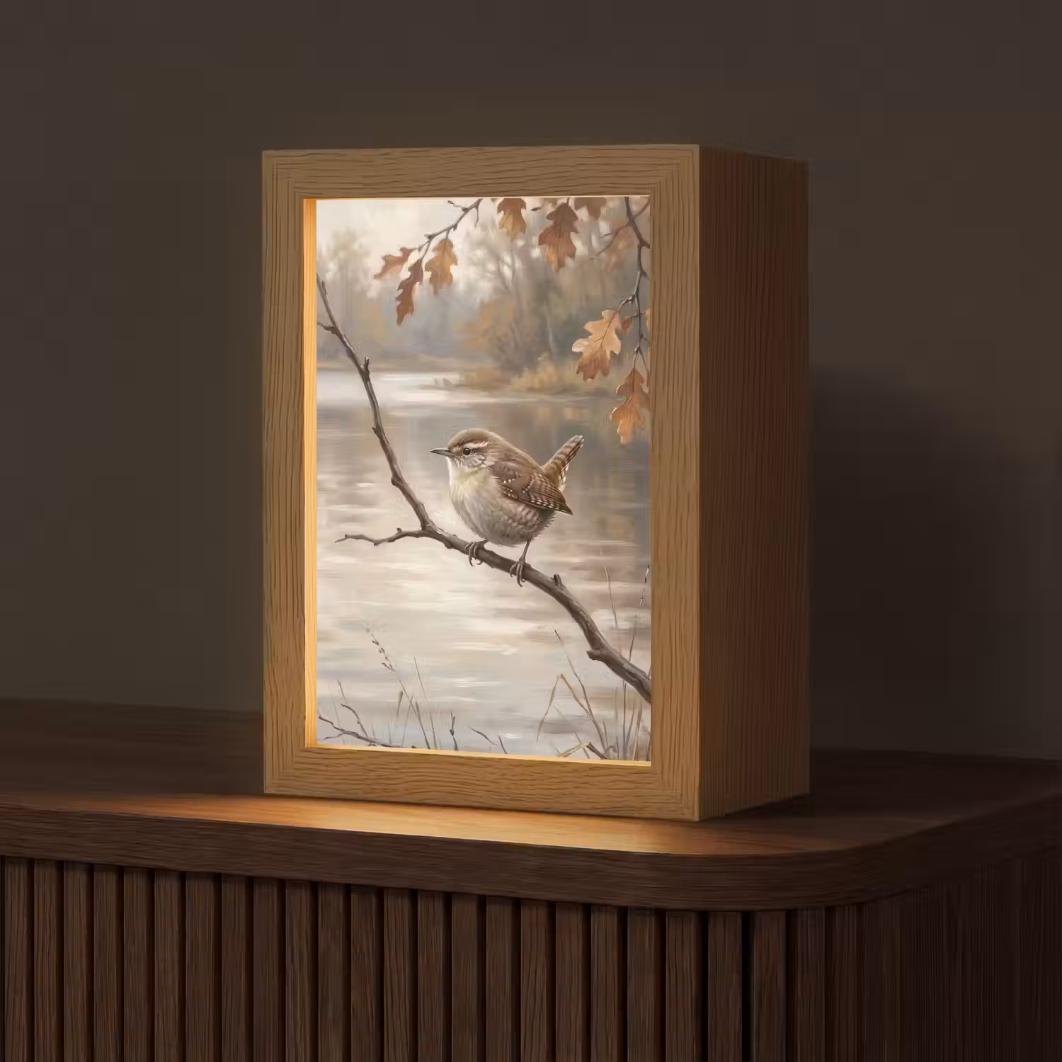 Winterkoninkje - Tak - Rivier - Natuur - Sfeervol Light Box met kabel (Tafellamp) klein -z3d_website