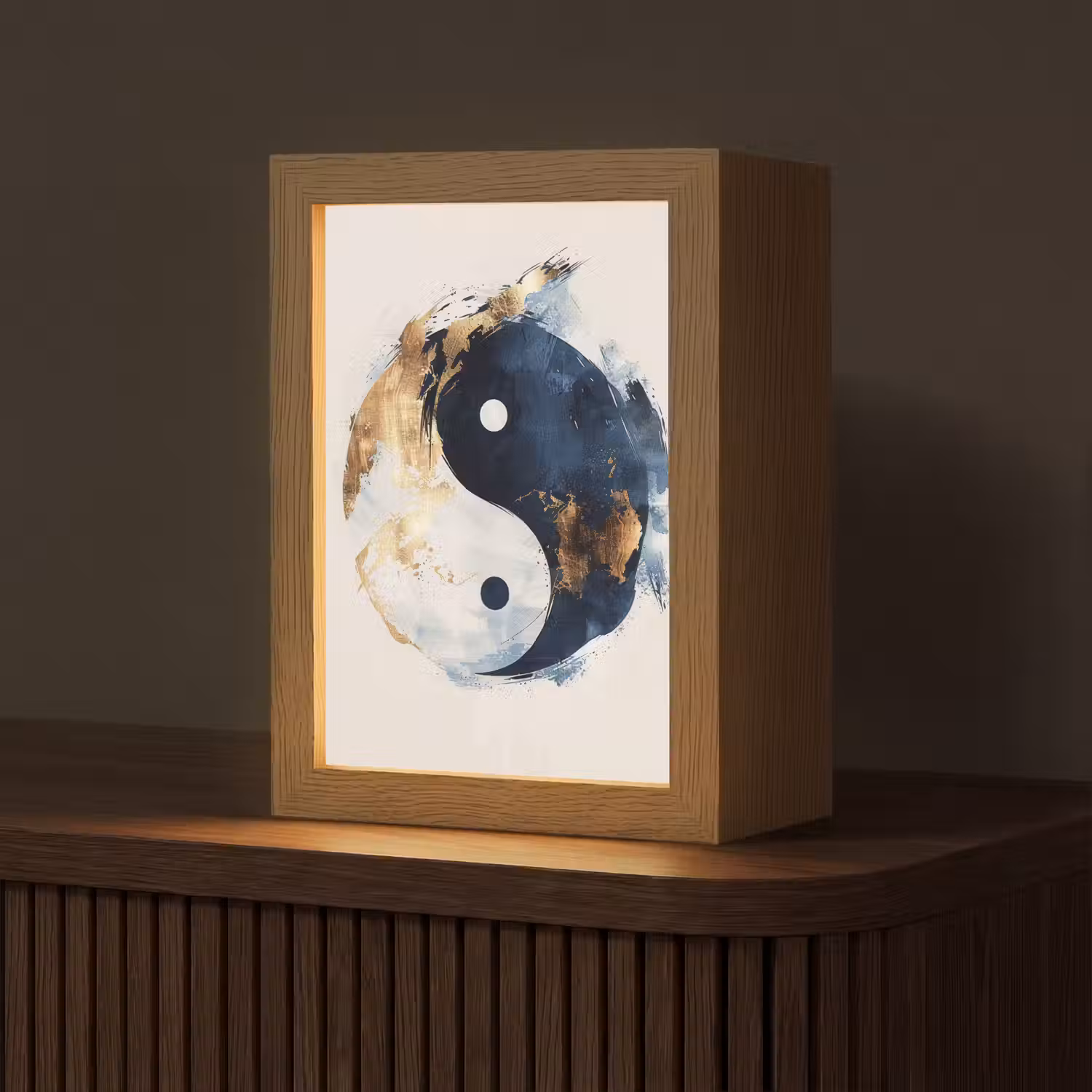 Yin Yang - Abstract - Zwart - Wit - Goud Light Box met kabel (Tafellamp) klein -z3d_website