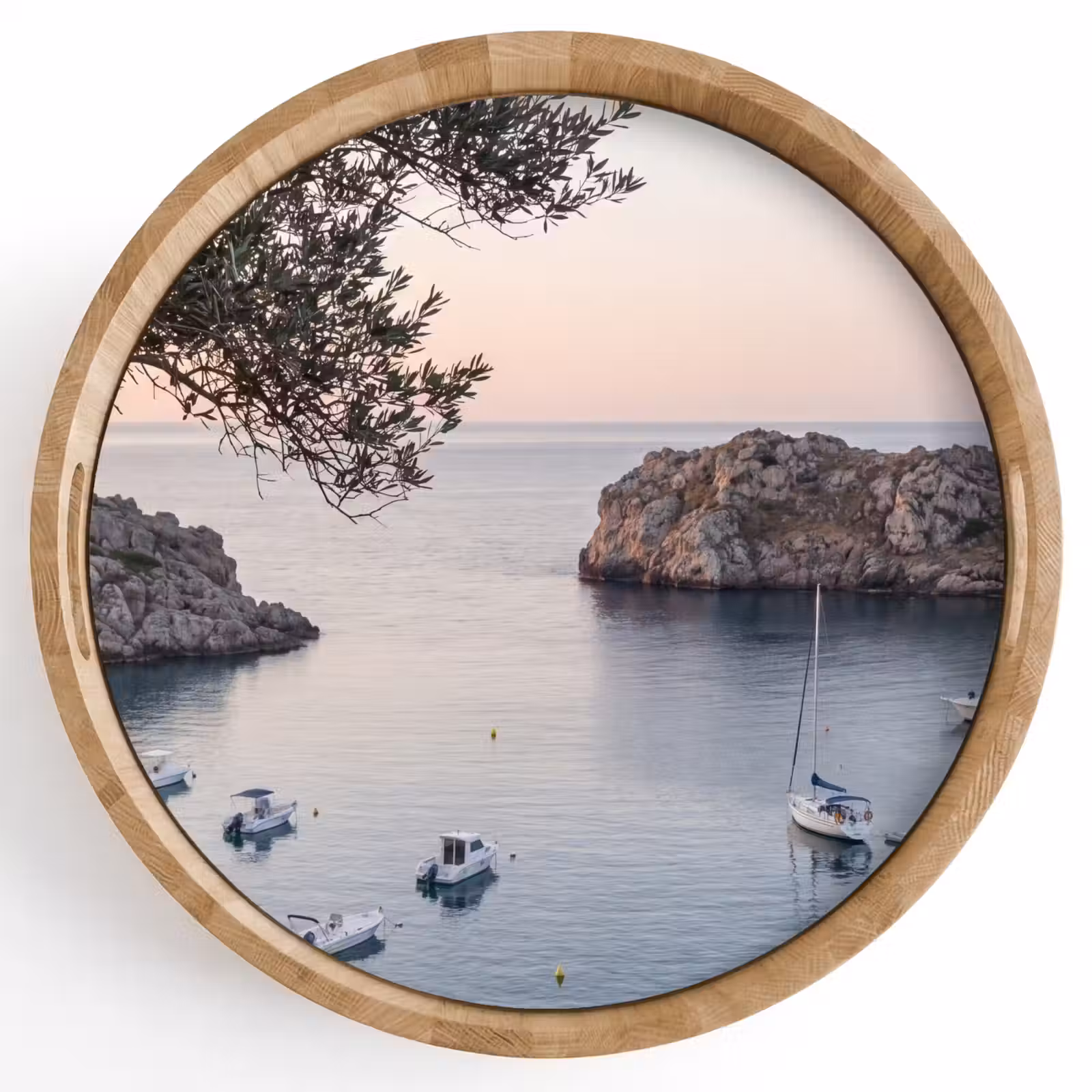 Tray - Bay - boats - sunset - Baai - boten - zonsondergang Dienblad Rond middel