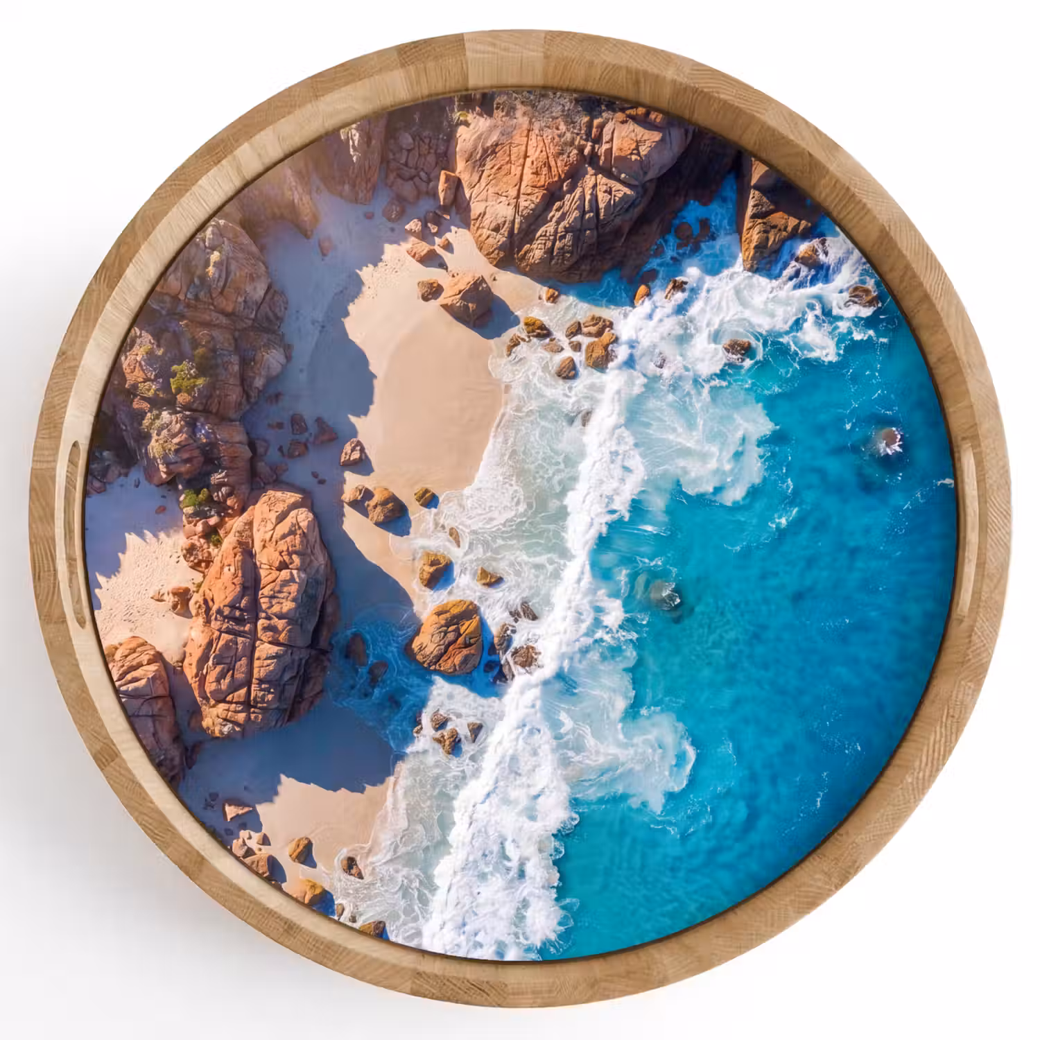 Strand - Zee - Rotsen - Natuur - Blauw Dienblad Rond middel -z3d_shopping